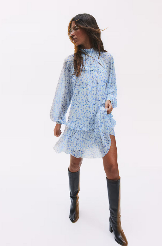 H&M Plissé Jersey Dress (White/Blue floral)