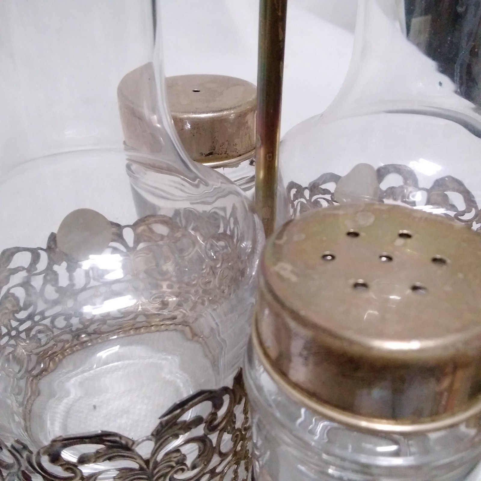 Italian 925 Cutout Sterling Silver and Fine Crystal Vessels Condiment Caddy