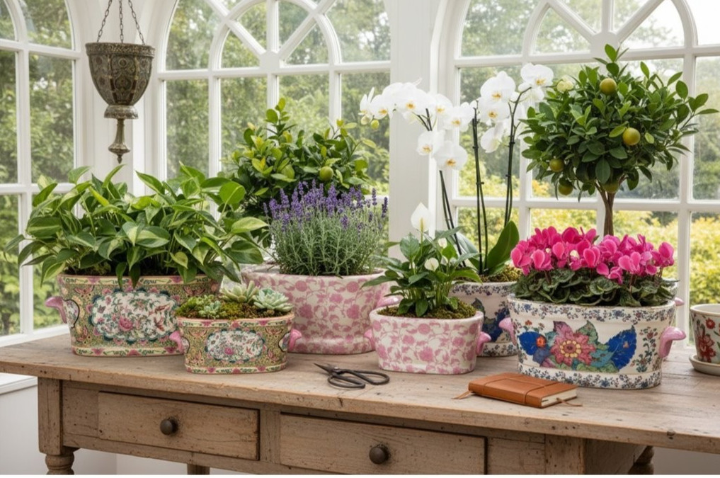 Vintage Style Small Chinese Tobacco Leaf Cachepot Planter-9.5'' x 4''H