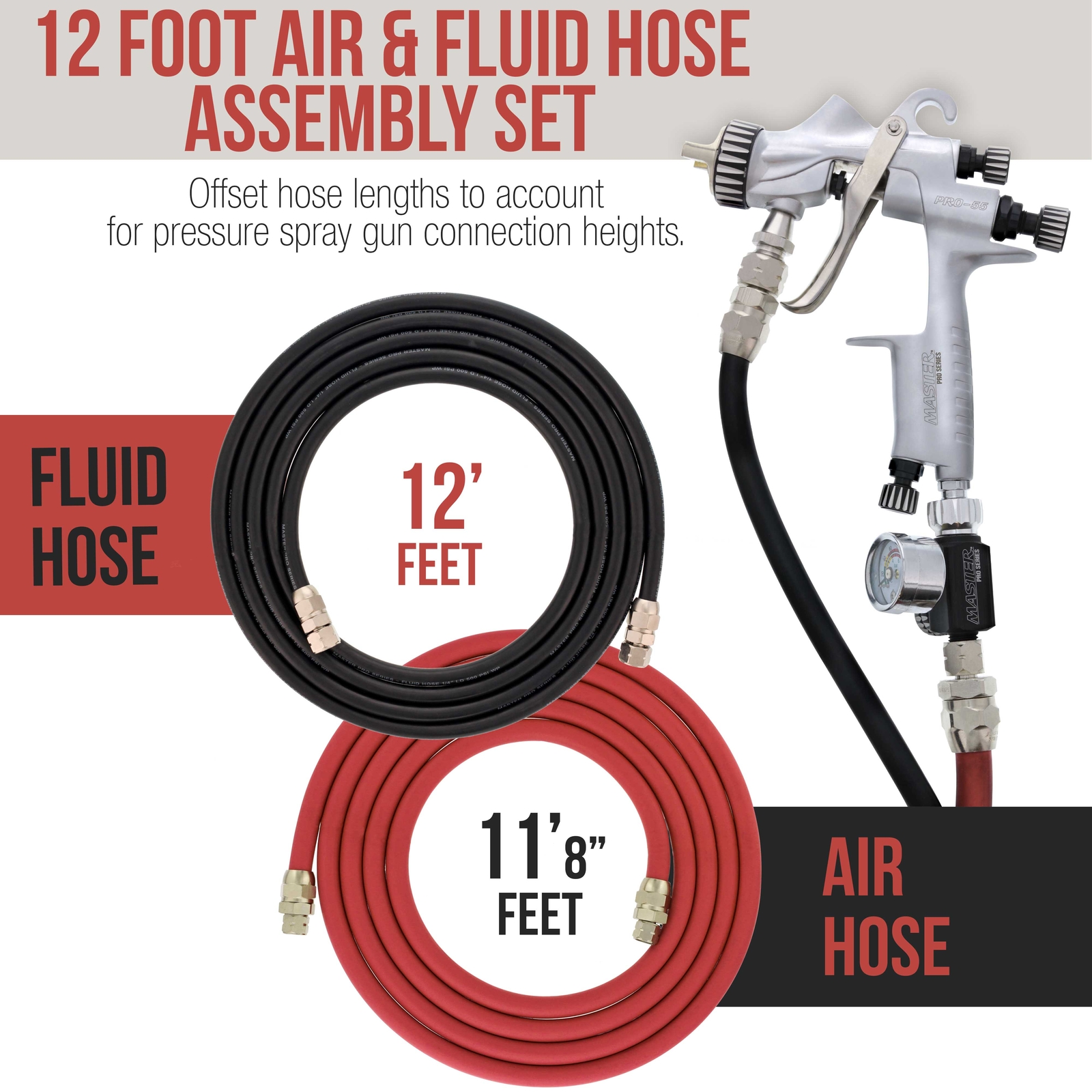 12 Foot Air and Fluid Hose Assembly Set for Spray Guns, Paint Pressure Pot Tanks