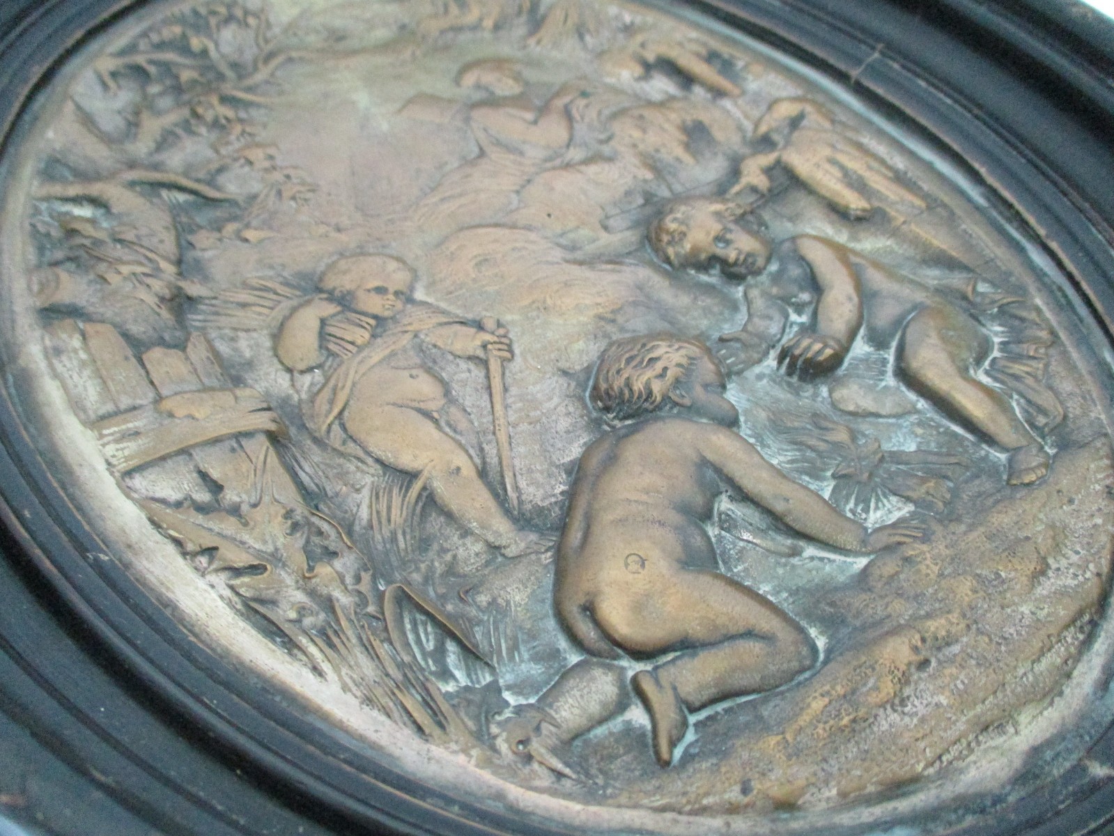 Antique, late 19th C, Neoclassical Patinated Bronze Bas Relief Plaques, Winter