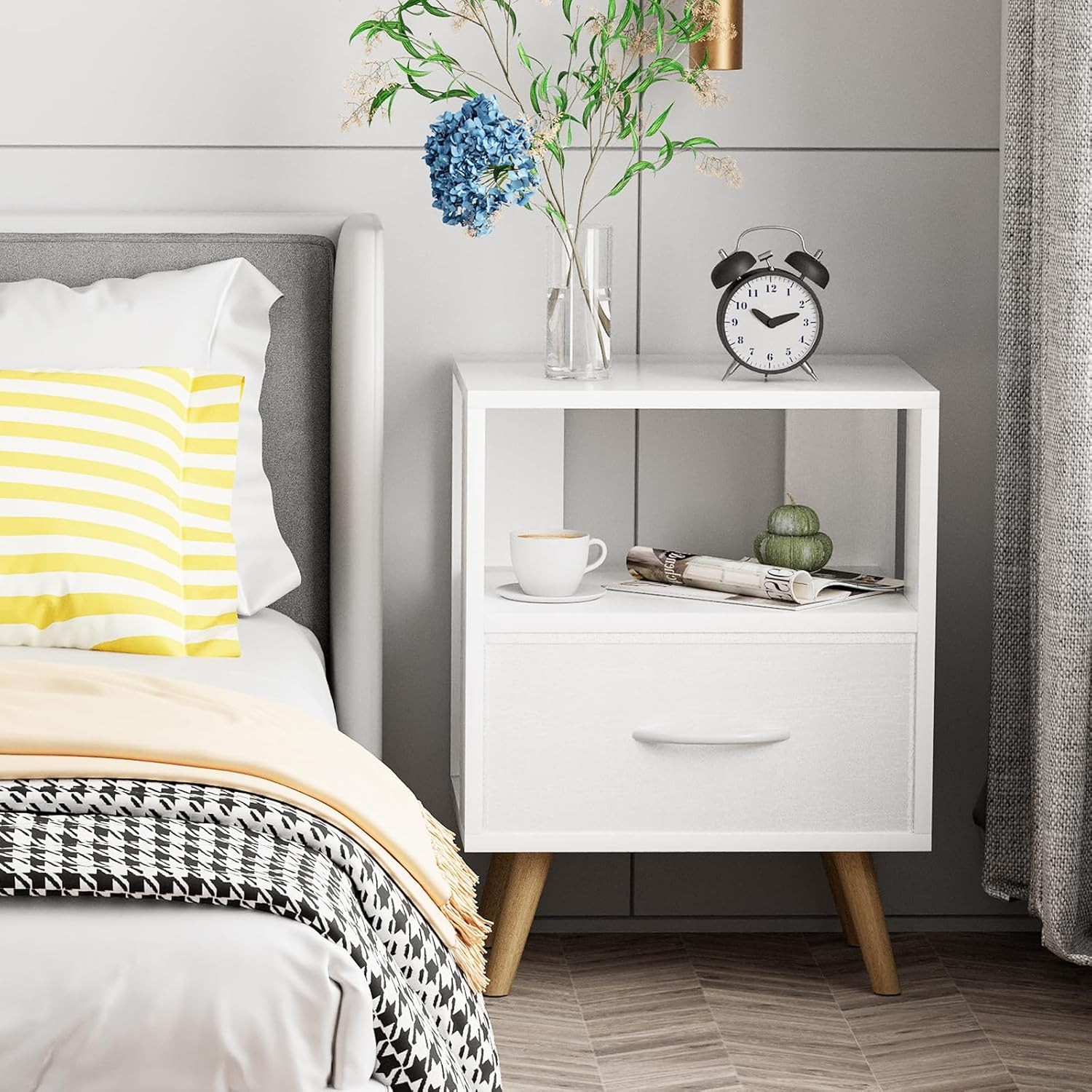 Night Stand White Kids Nightstand W/ Drawer Nursery Side Table W/ Open Storage