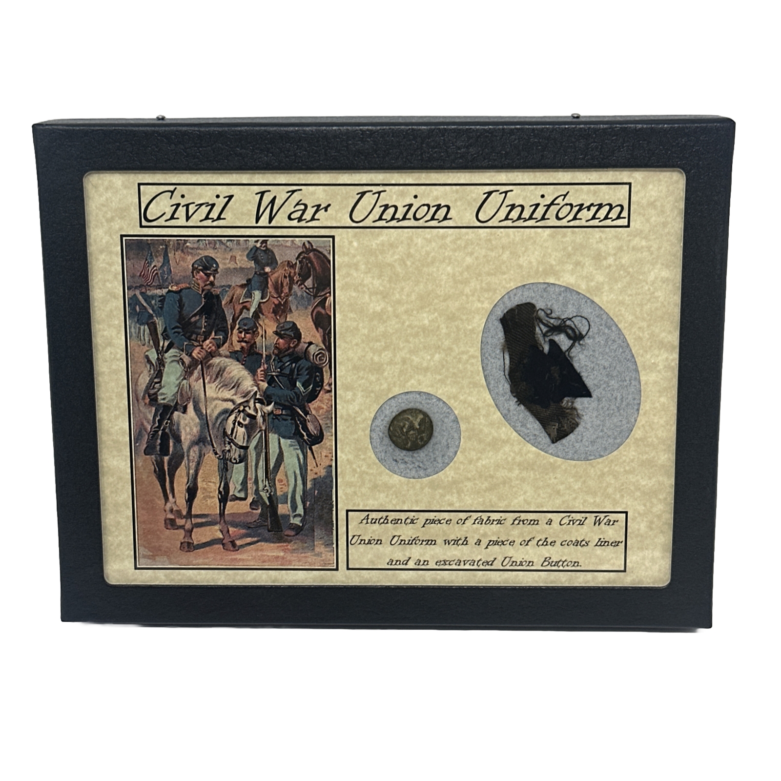 Civil War Union Uniform Fabric Piece with Eagle Button in Display Case and COA