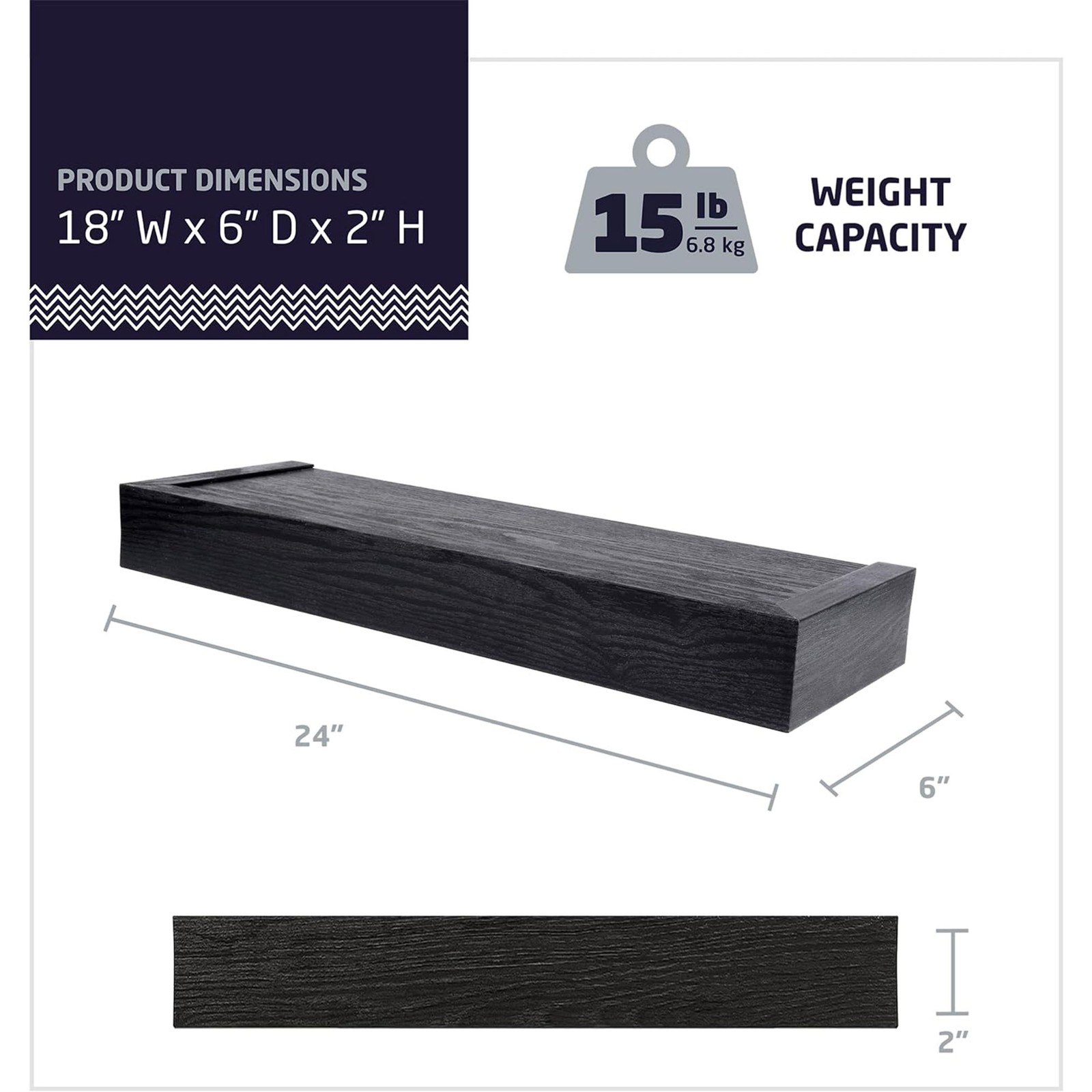 High & Mighty 18 Inch Modern Floating Shelf Holds Up To 15 lbs, Black (2 Pack)