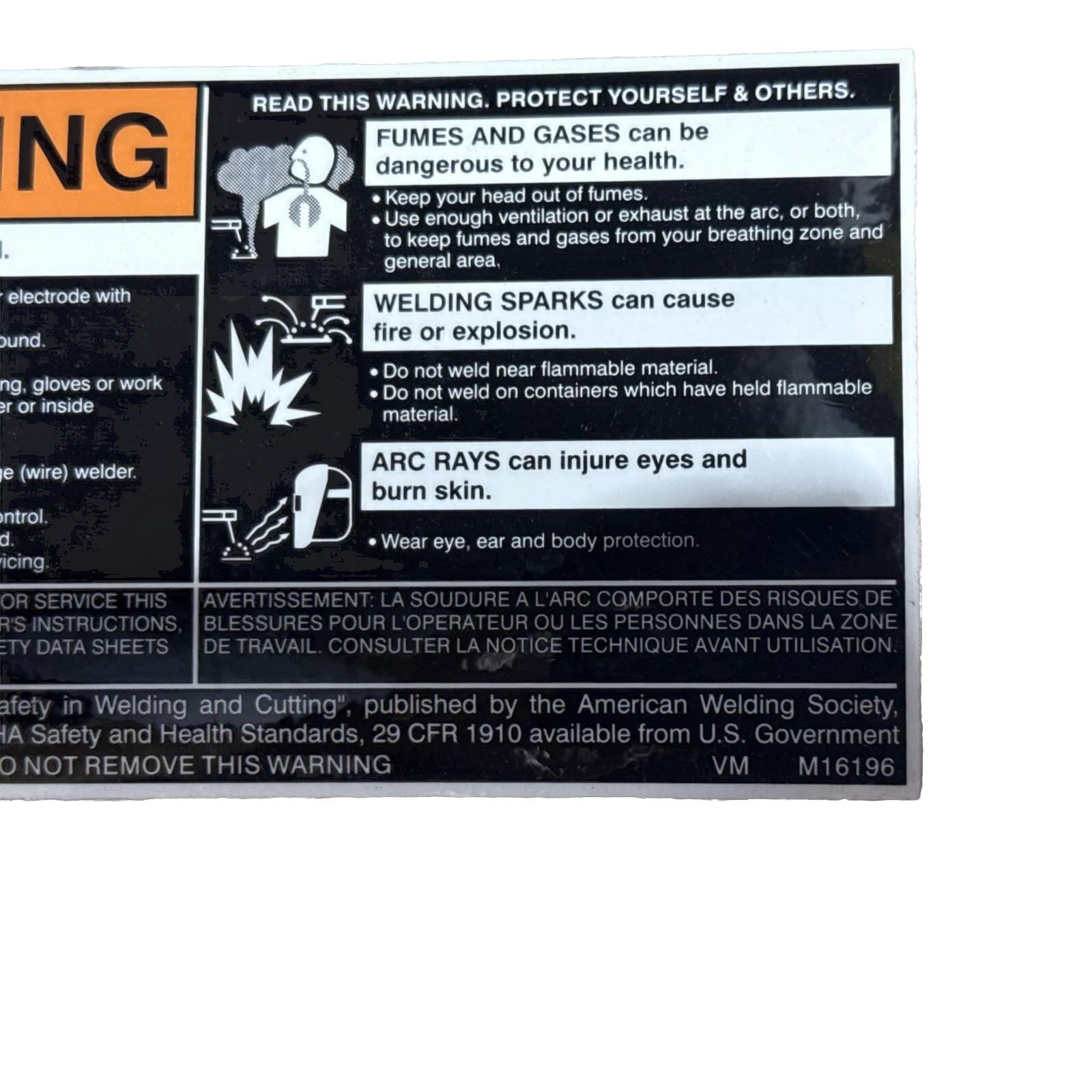 Lincoln Electric 9SM16196 DECAL-WARNING M16196 Sticker