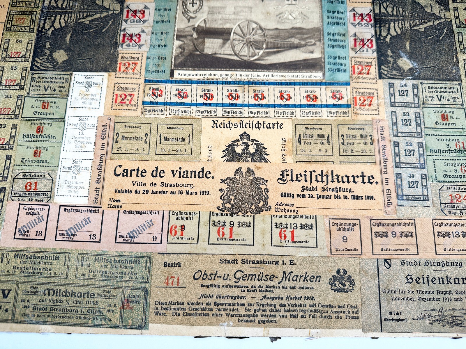 WWI Framed Ration Coupon Collage Folk Art Strasbourg Alsace Germany Trench 1917