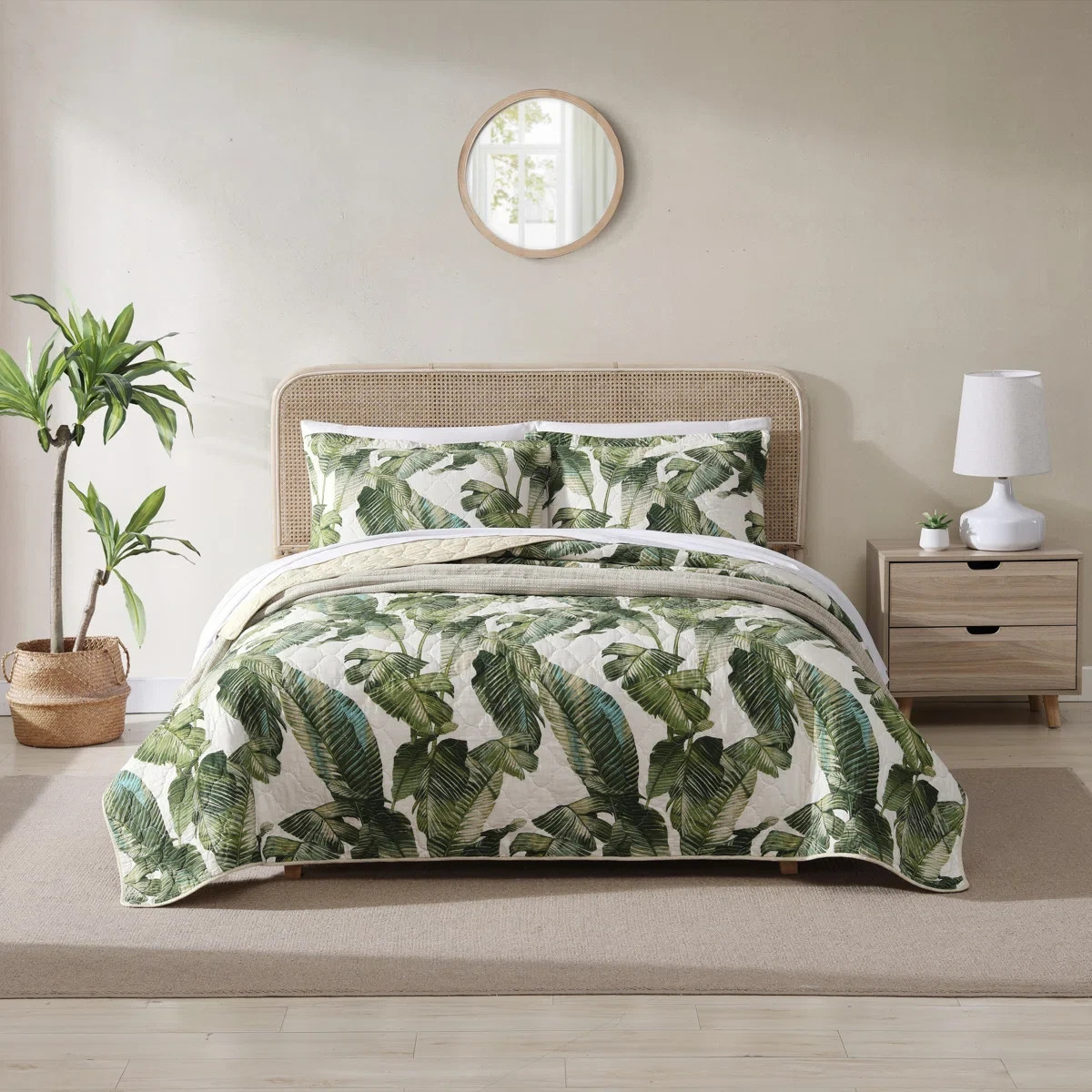 King Quilt Set Green Coastal Botanical Tropical Floral Bahama Exotic Leaves 3Pc