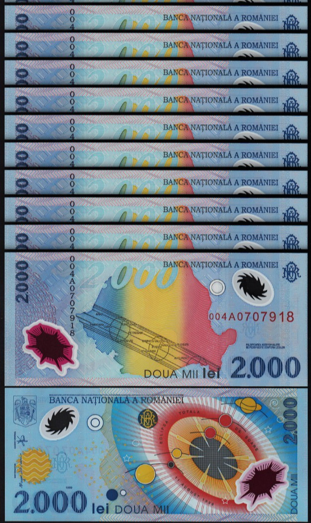 Romania 2000 Lei 1999, UNC, 10 Pcs LOT, Consecutive, POLYMER, P-111