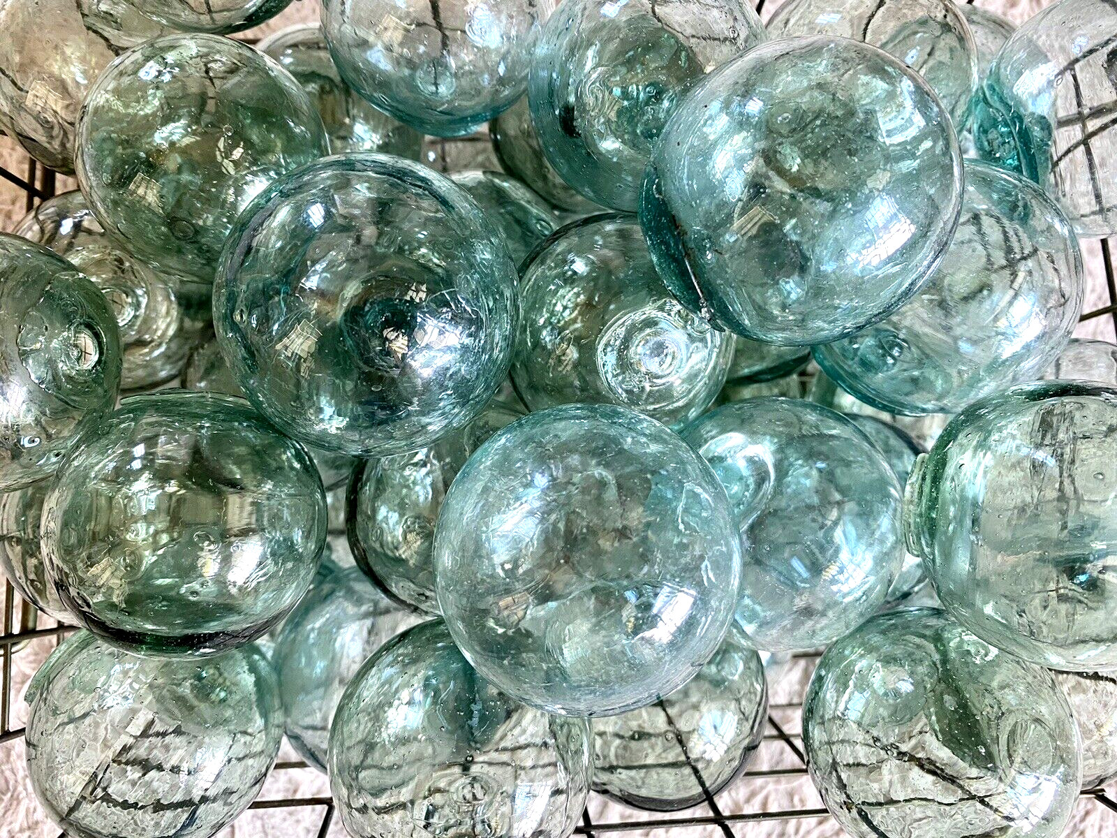 Vintage Japanese Fishing Glass Floats, Set of 12, Green & Blue - Marked, 2"-2.5"