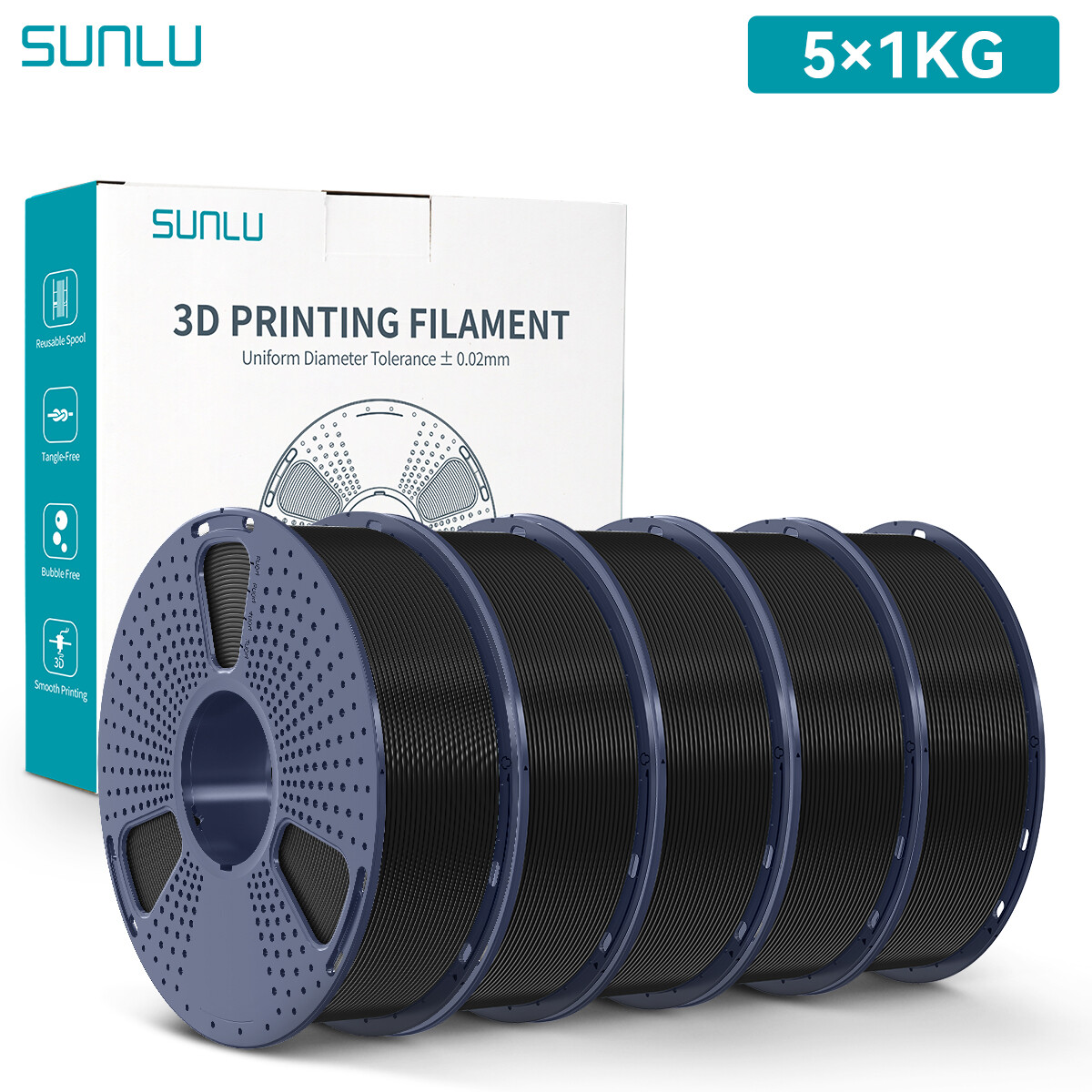 SUNLU 5×1KG PLA Matte PLA+ PLAMETA PETG SILK ABS 3D Filament Combo