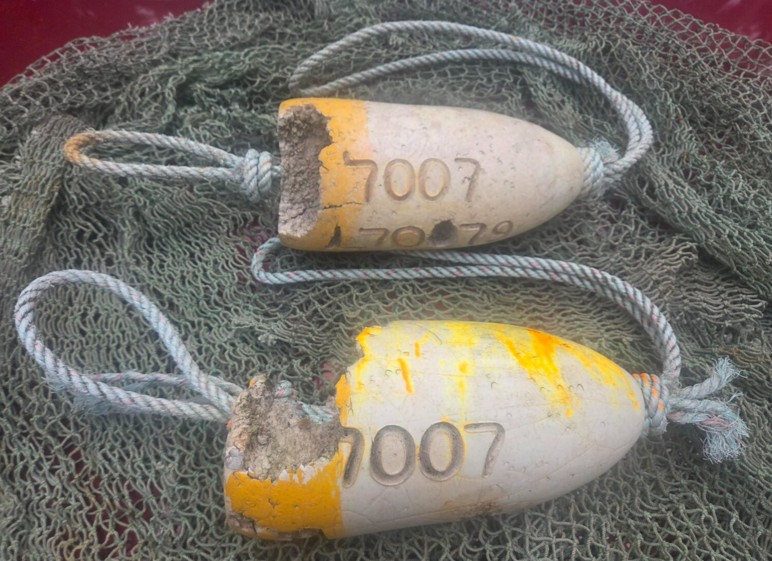 TWO Crab Buoys - w/ Rope - Awesome Wear -Hit by the Prop -If these could talk! B