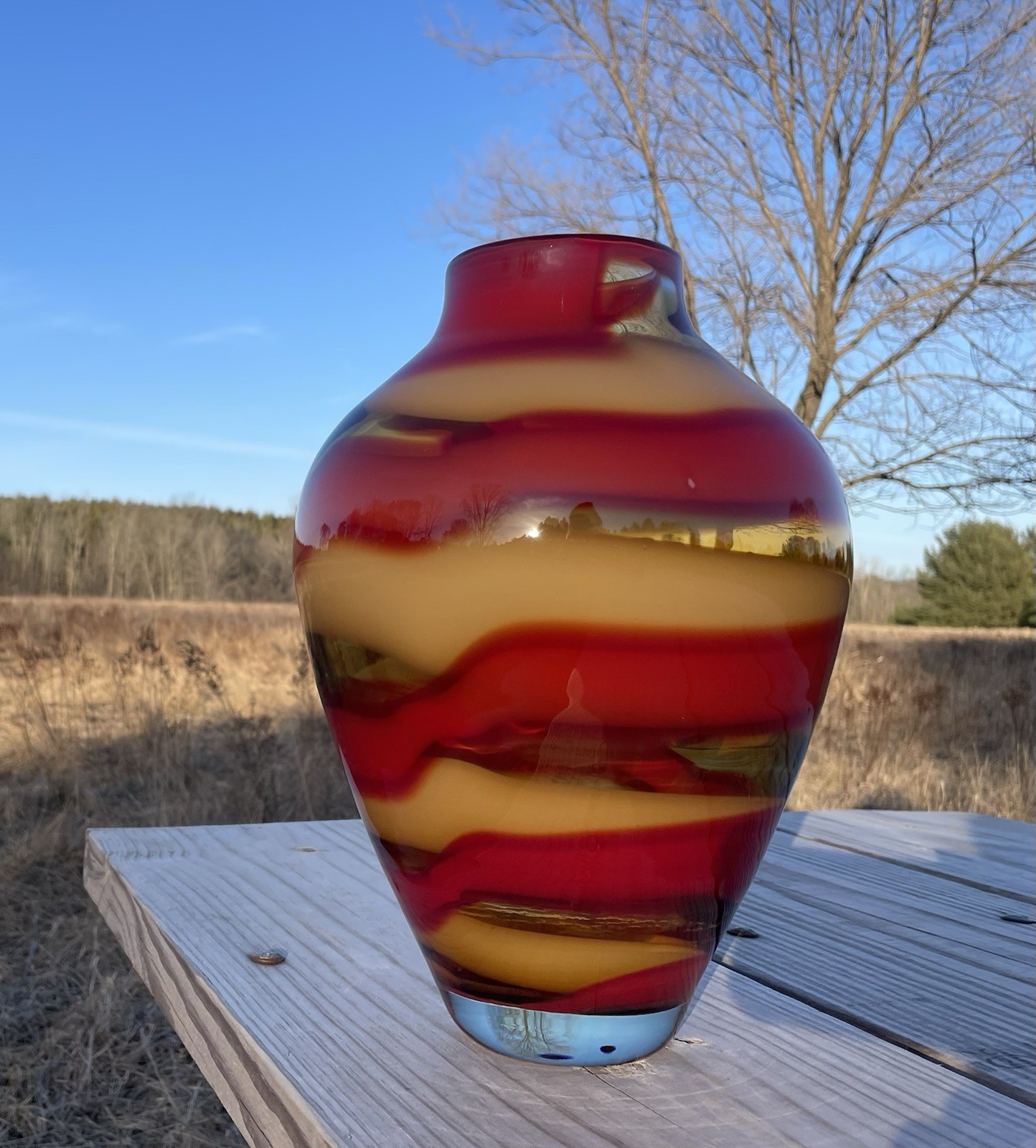 Waterford Evolution “Red Sea” Crystal Amphora Art Glass Vase, swirl design