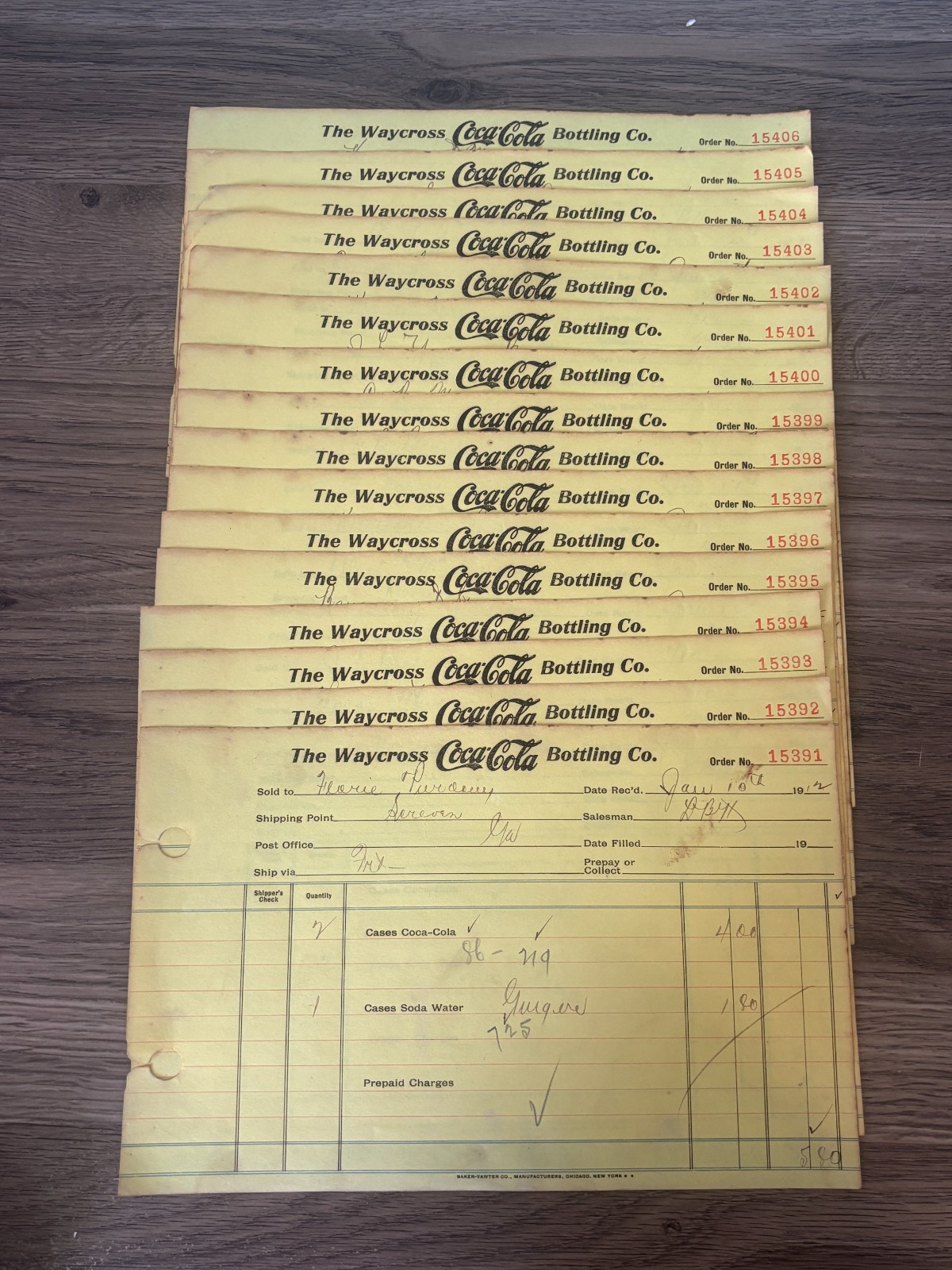 15 - 1912 - Waycross Georgia - COCA COLA Bottling Co. - Sales Order Documents