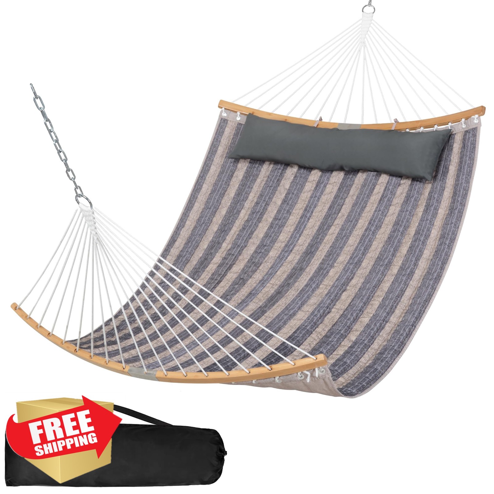 SUNCREAT Double Hammock with Spreader Bar, Gray Stripes