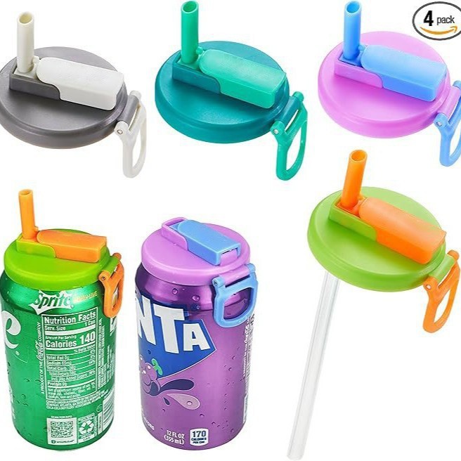 4-Pack Reusable Soda Can Lids with Silicone Straws Beverage,Sealed and leak-proo