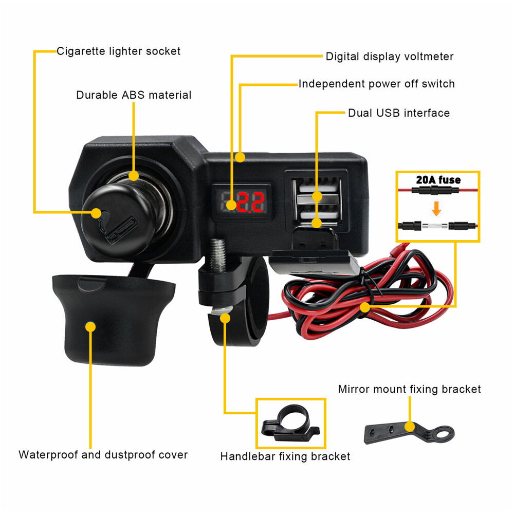 Motorcycle Handlebar Cigarette Lighter Socket Dual Charger USB W/ LED Voltmeter