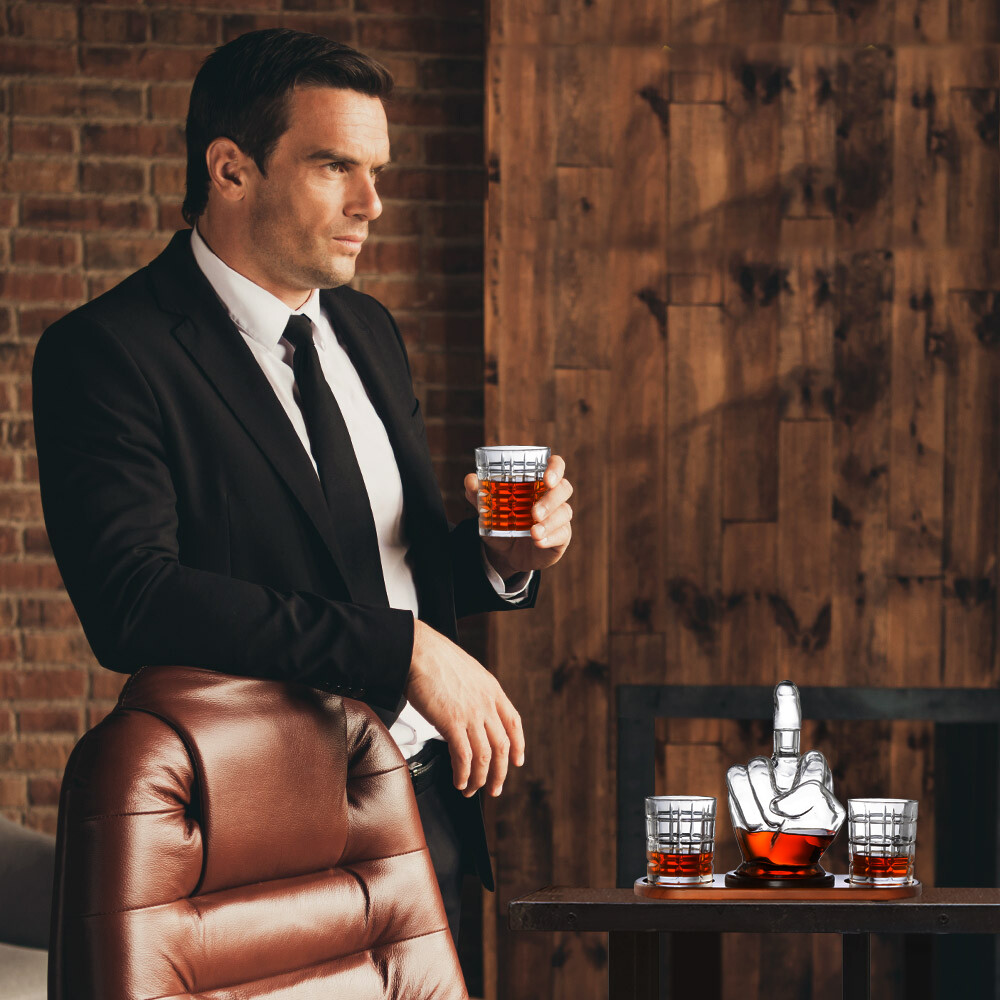 The Diamond Glassware Middle Finger Whiskey Decanter Set.