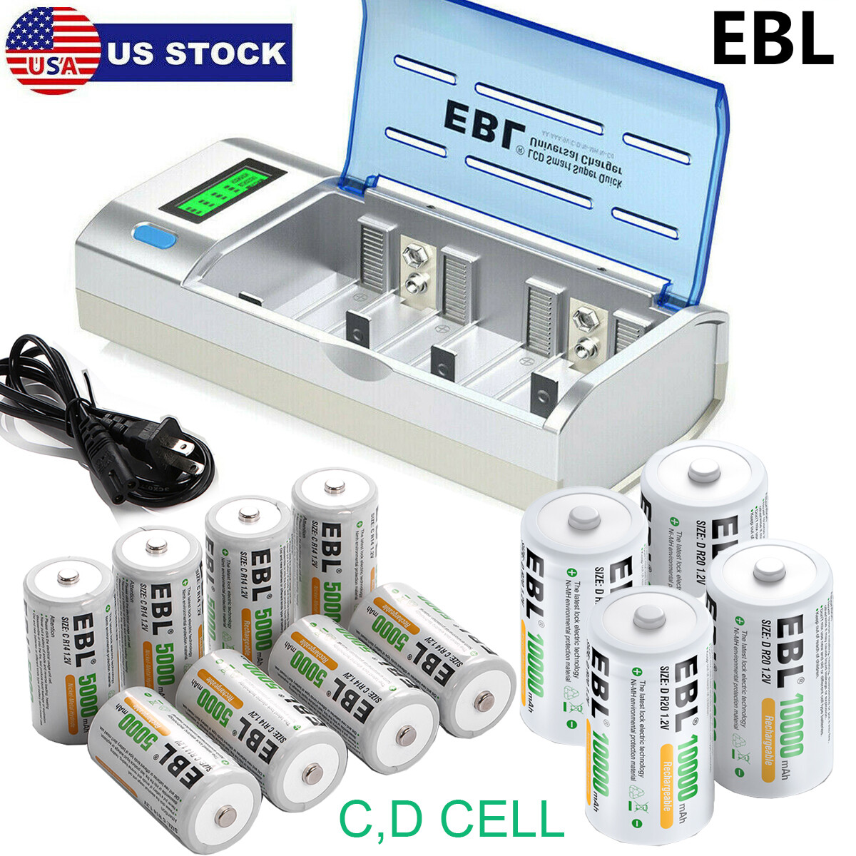 EBL C D Size Rechargeable Batteries C D Cell 1.2V 500Omah-1O000mAh/ Charger LOT