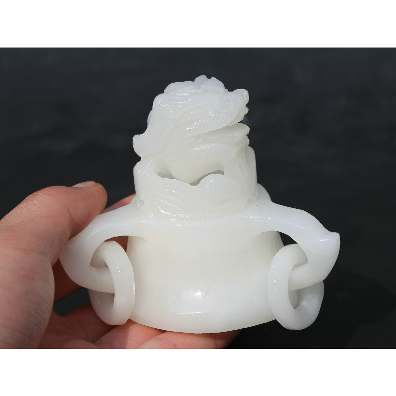 6.5" Chinese White Jade Carved Dragon Head Beast Tripodia Incense Burner Censer