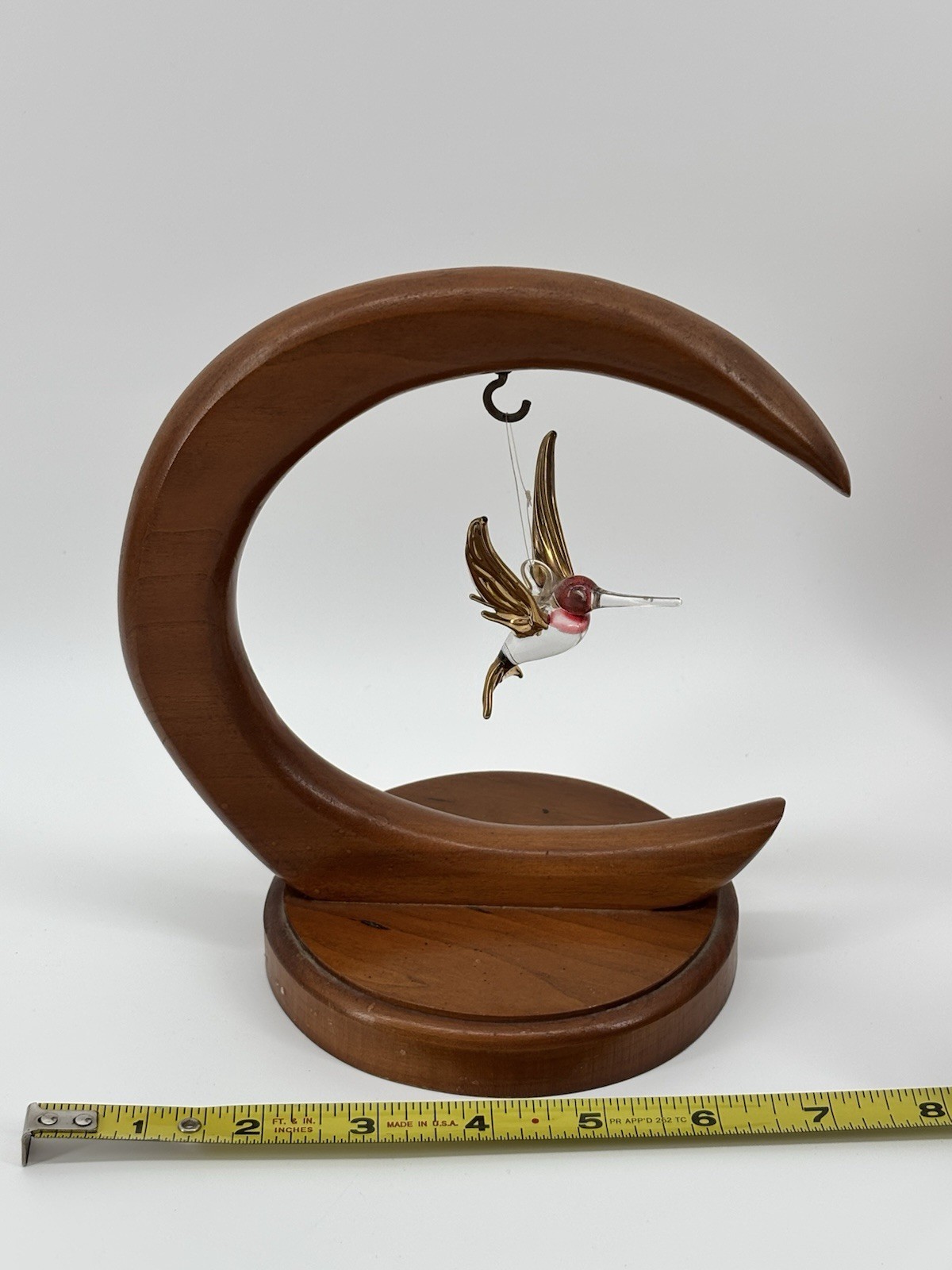 Vtg Wood Crescent Stand With Glass Hummingbird Moon Ornament Display Holder 7"