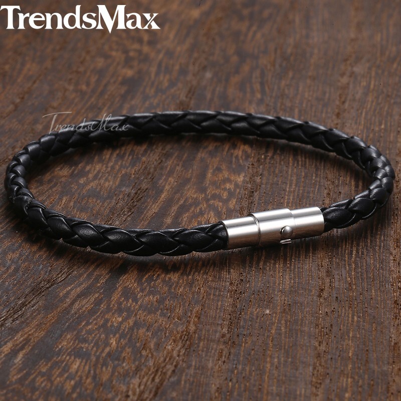 4mm Black Braided Cord Rope Leather Bracelet Unisex Mens Stainless Steel Clasp