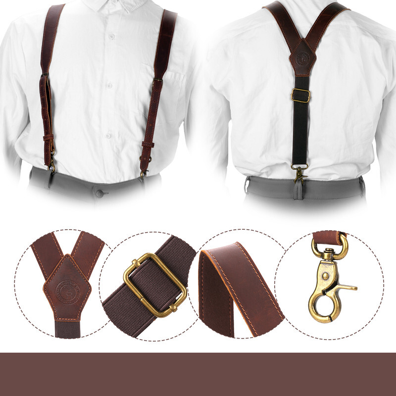 TOURBON Leather Suspenders Y Back Adjustable Y-Shape Pants Brace
