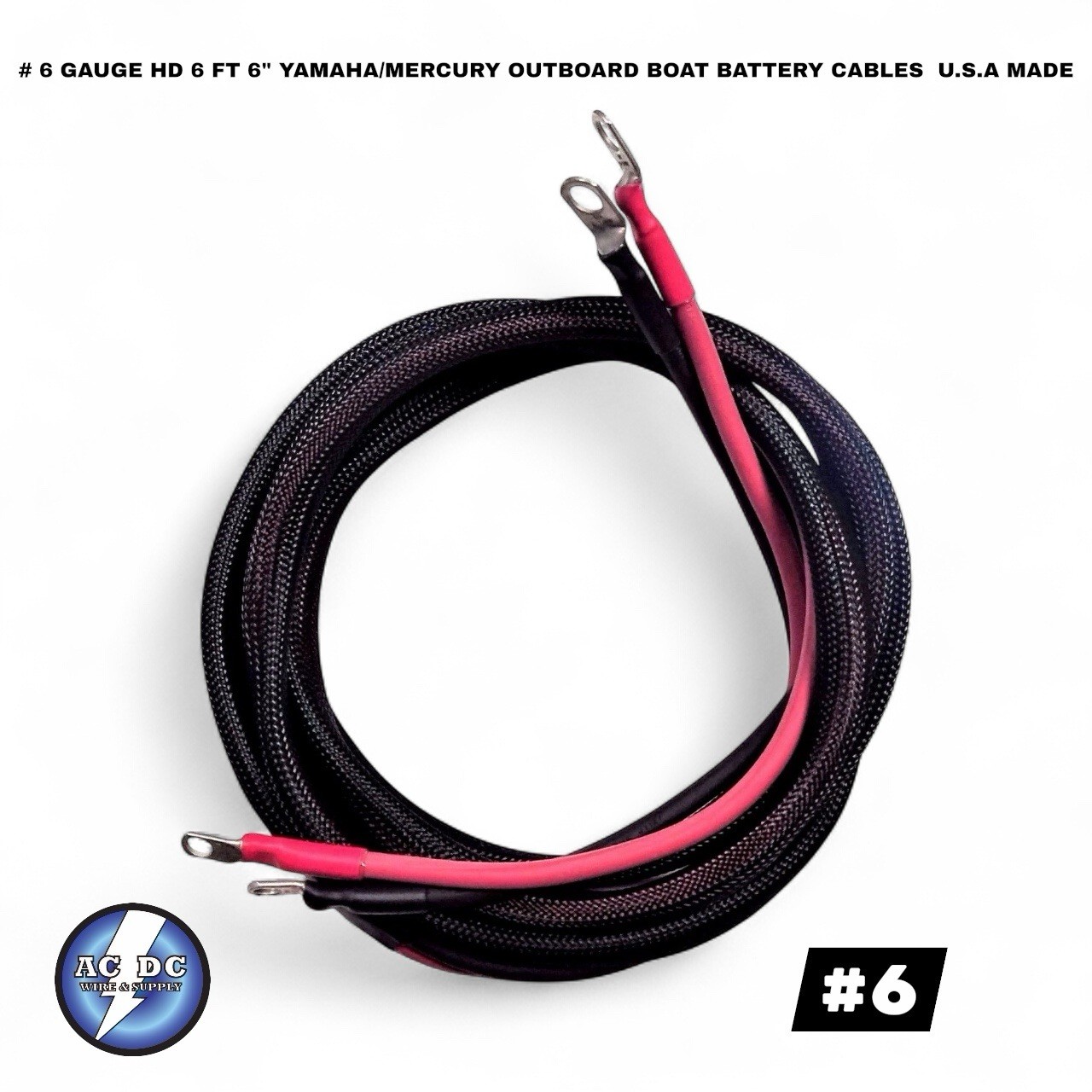 # 6 GAUGE HD 6 FT 6" YAMAHA/MERCURY OUTBOARD BOAT BATTERY CABLES  U.S.A MADE