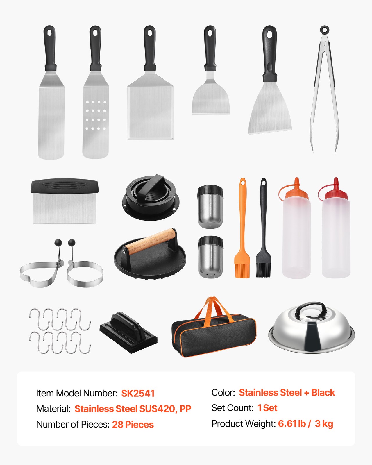 VEVOR 28PCS Griddle Accessories Kit Flat Top Grill Spatula BBQ Tools Stainless