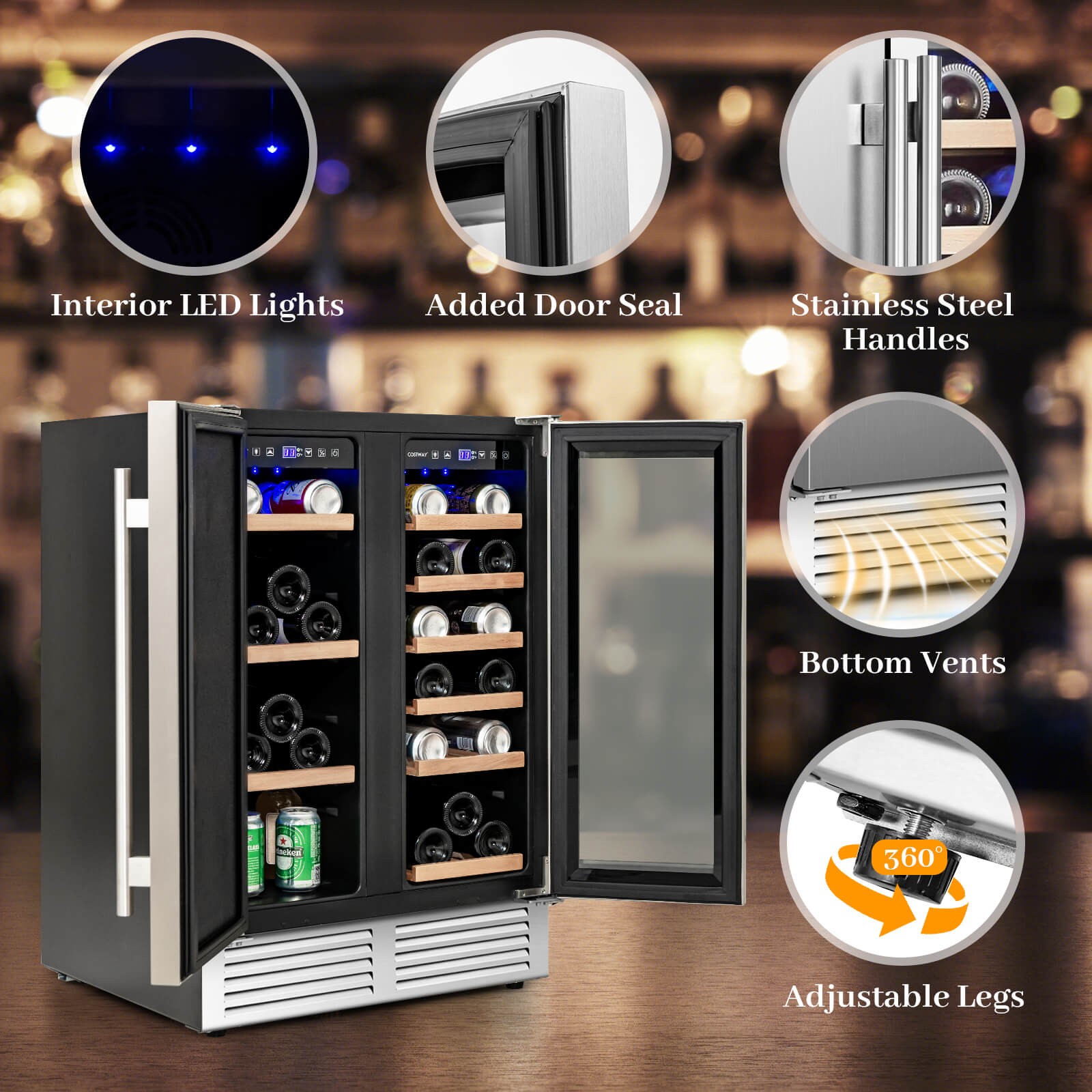 2-in-1 Beverage and Wine Cooler Free-standing & Built-in Dual Zones Wine Fridge