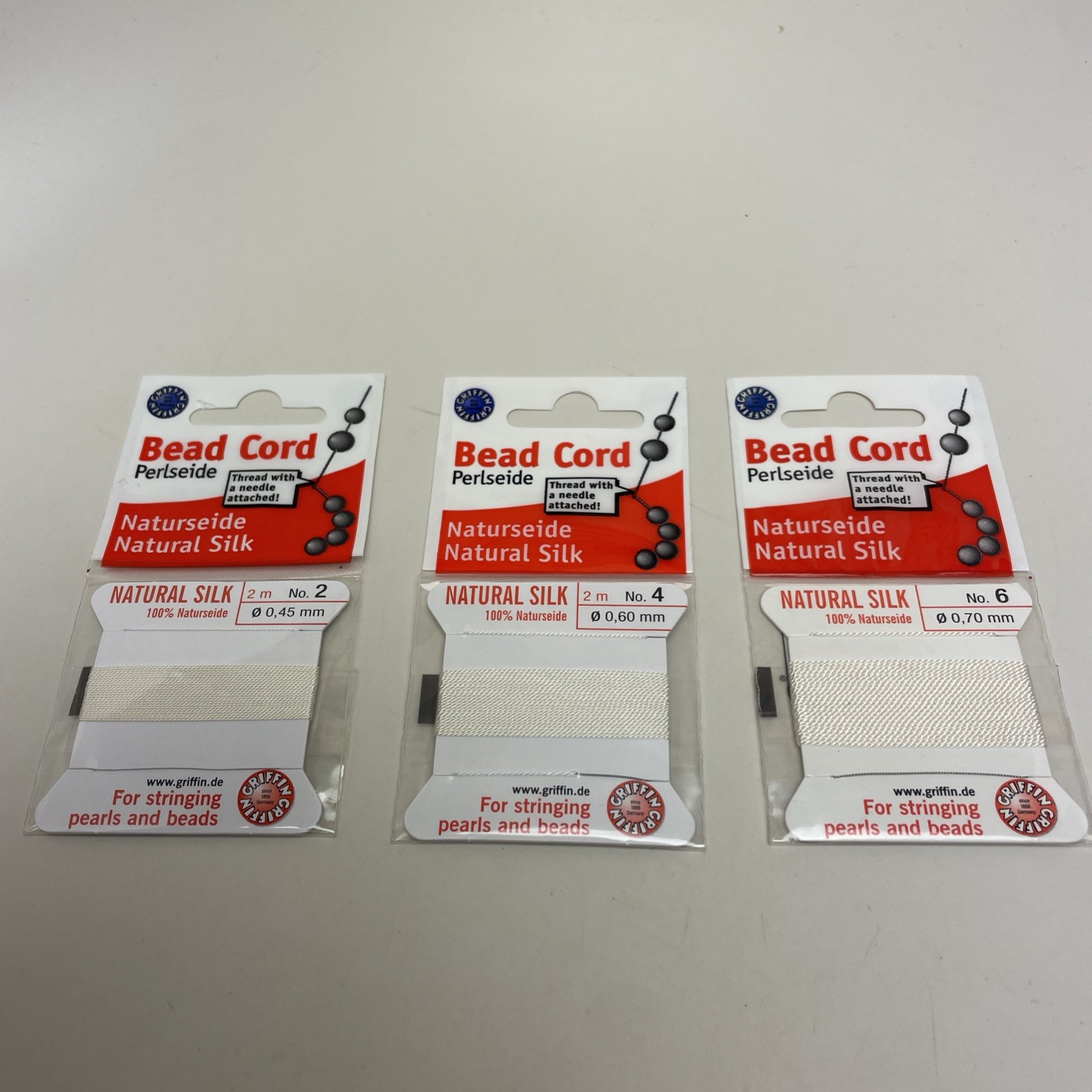 Griffin Natural Silk Bead Cord Thread Sampler Set, Size #2, #4, & #6, White