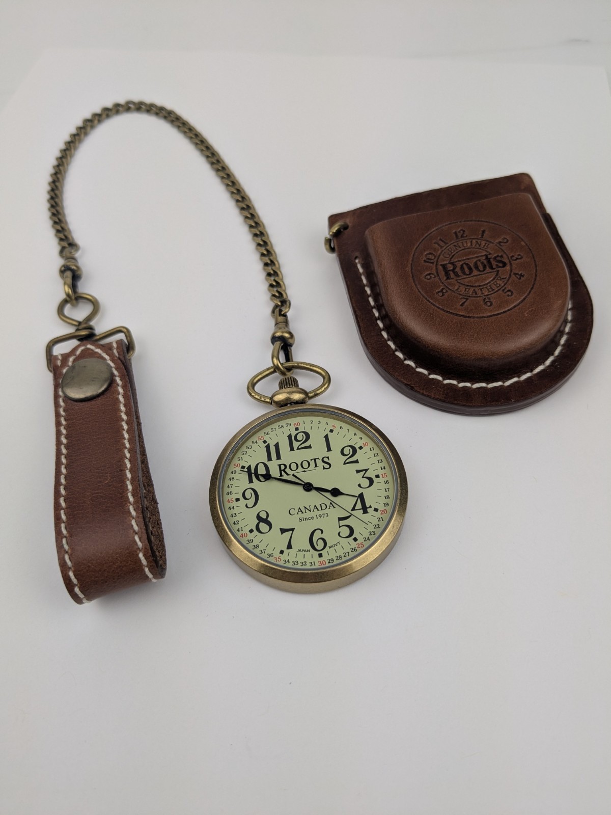 Vtg Roots Canada Pocket Watch R89 With Fob Chain 43mm Leather