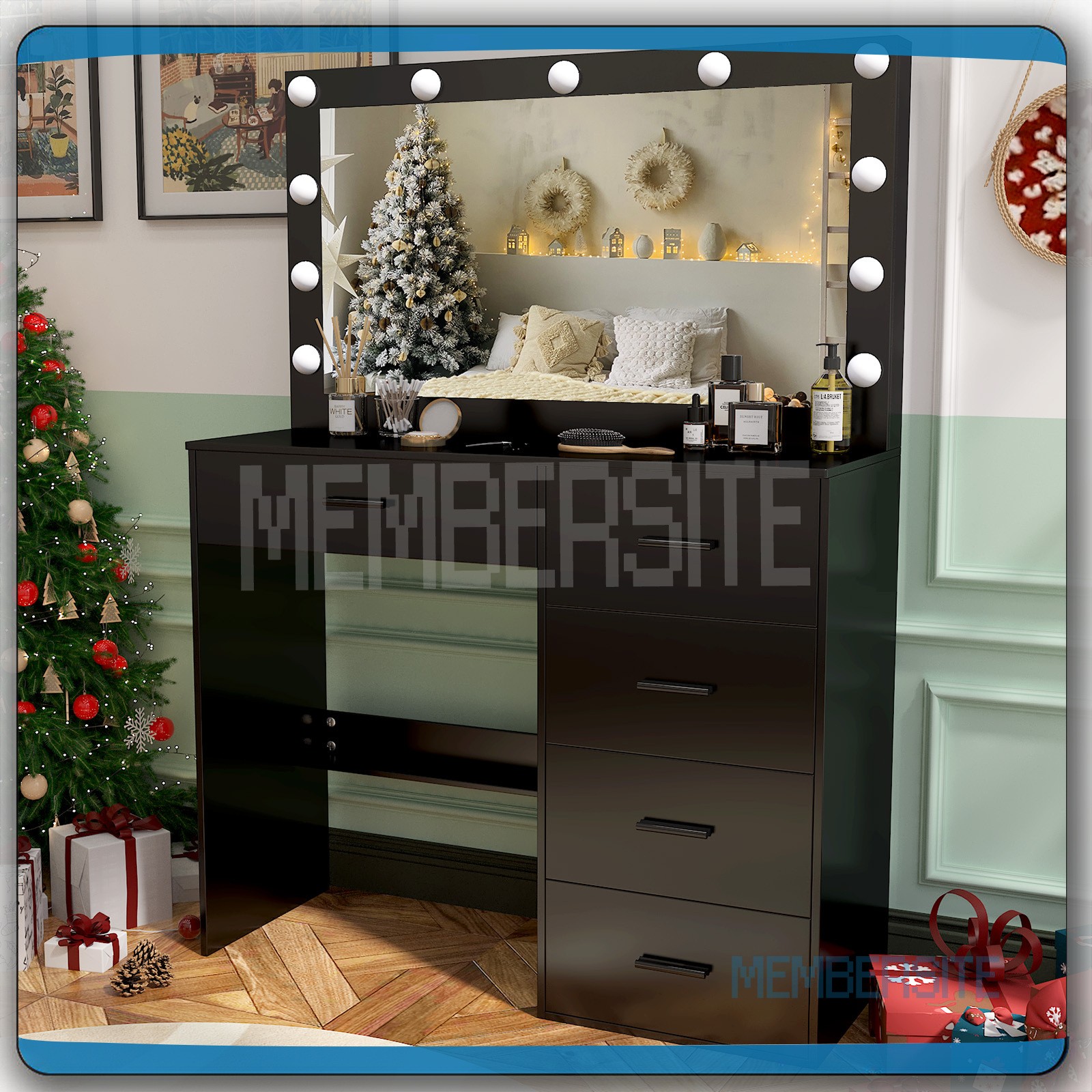 Black Vanity Desk With Large Lighted Mirror 5 Drawers Makeup Dressing Desk Set