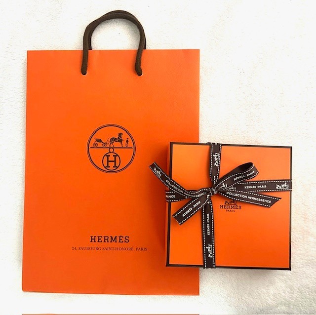 Authentic Hermes Orange Box w/ Bag Bolduc Ribbon & Tissue 5 x 5 x 1 1/4" Small