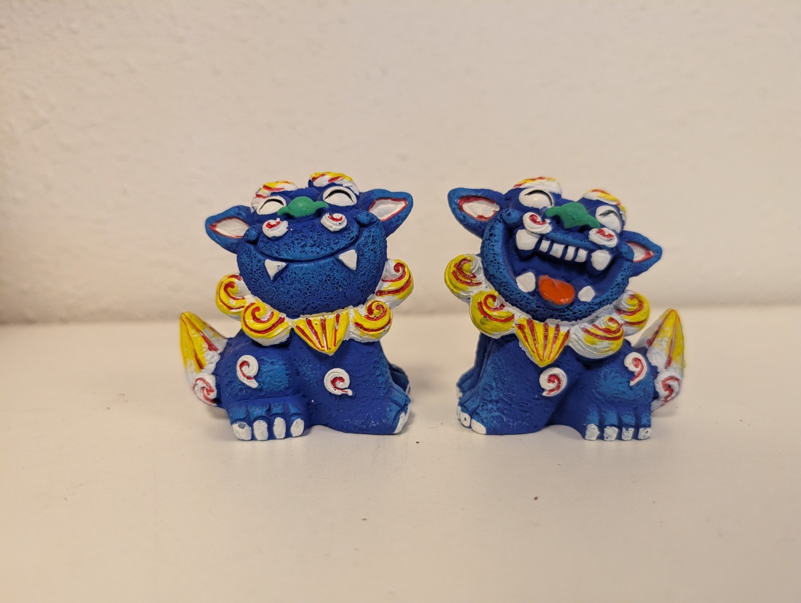 Shisa set of 2 small blue resin guardian foo dog figurines