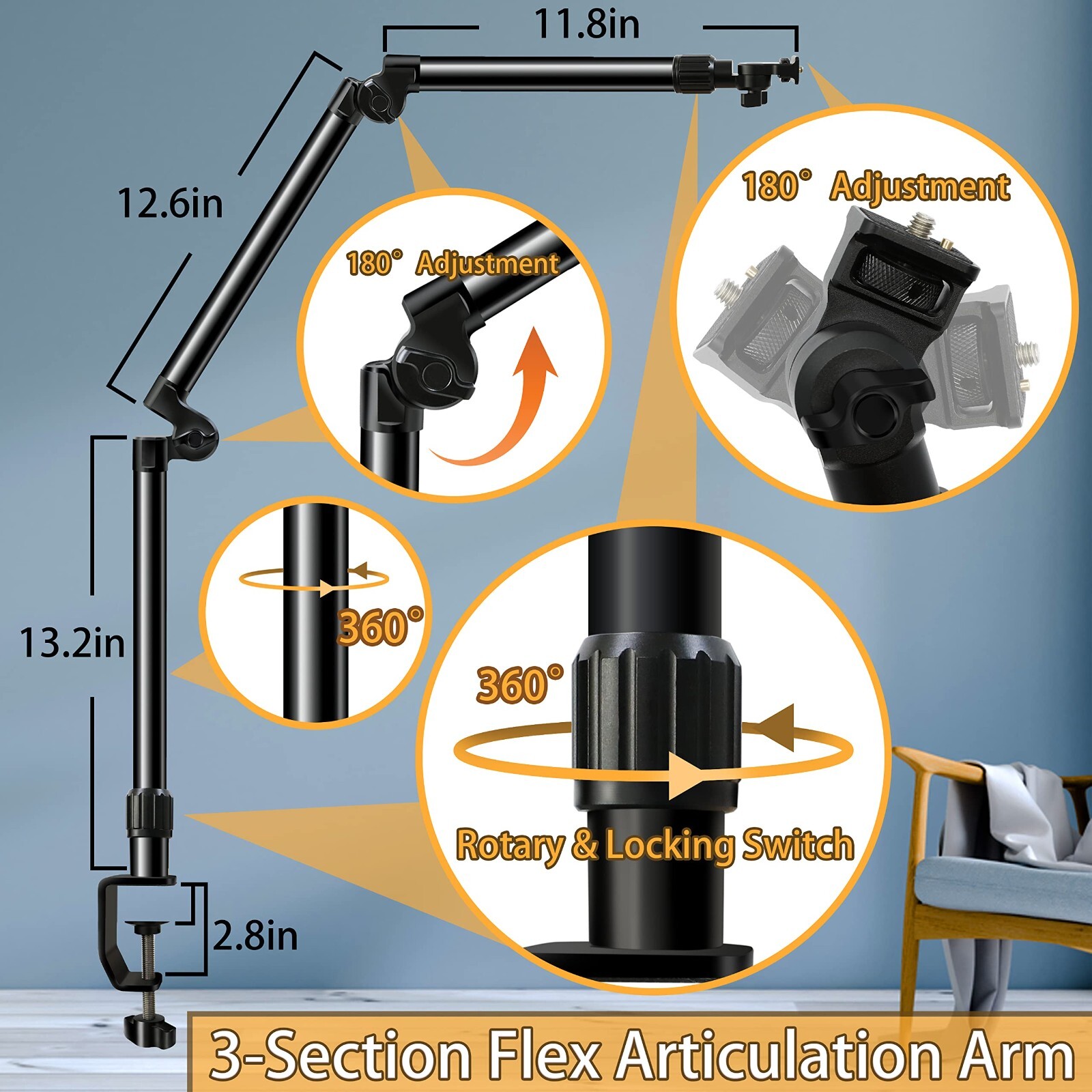 Overhead Camera Mount Desk Stand, 3-Section Flexible Detachable Articulating Arm