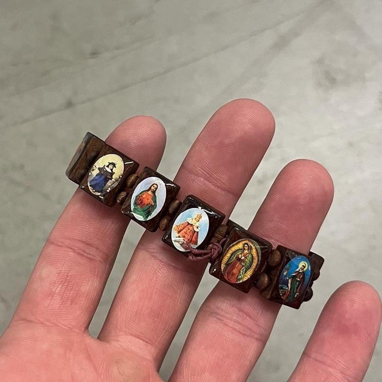 Wooden Jesus Virgin Mary Bracelet Saints Rosary Stretch Adjustable