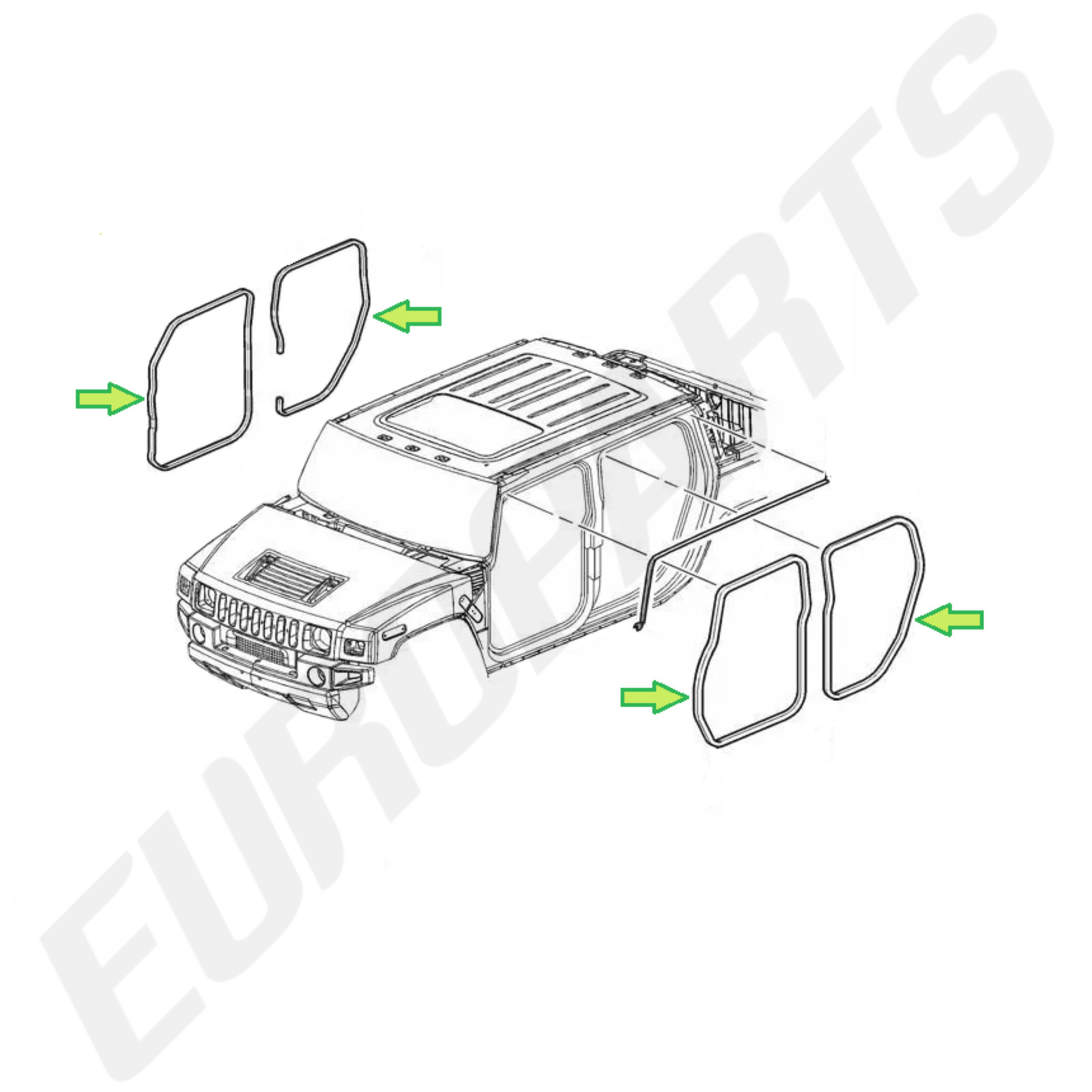 2003-2009 Hummer H2 Door Seal Weatherstrip On Body 4-Piece Set Front-Rear, LH-RH