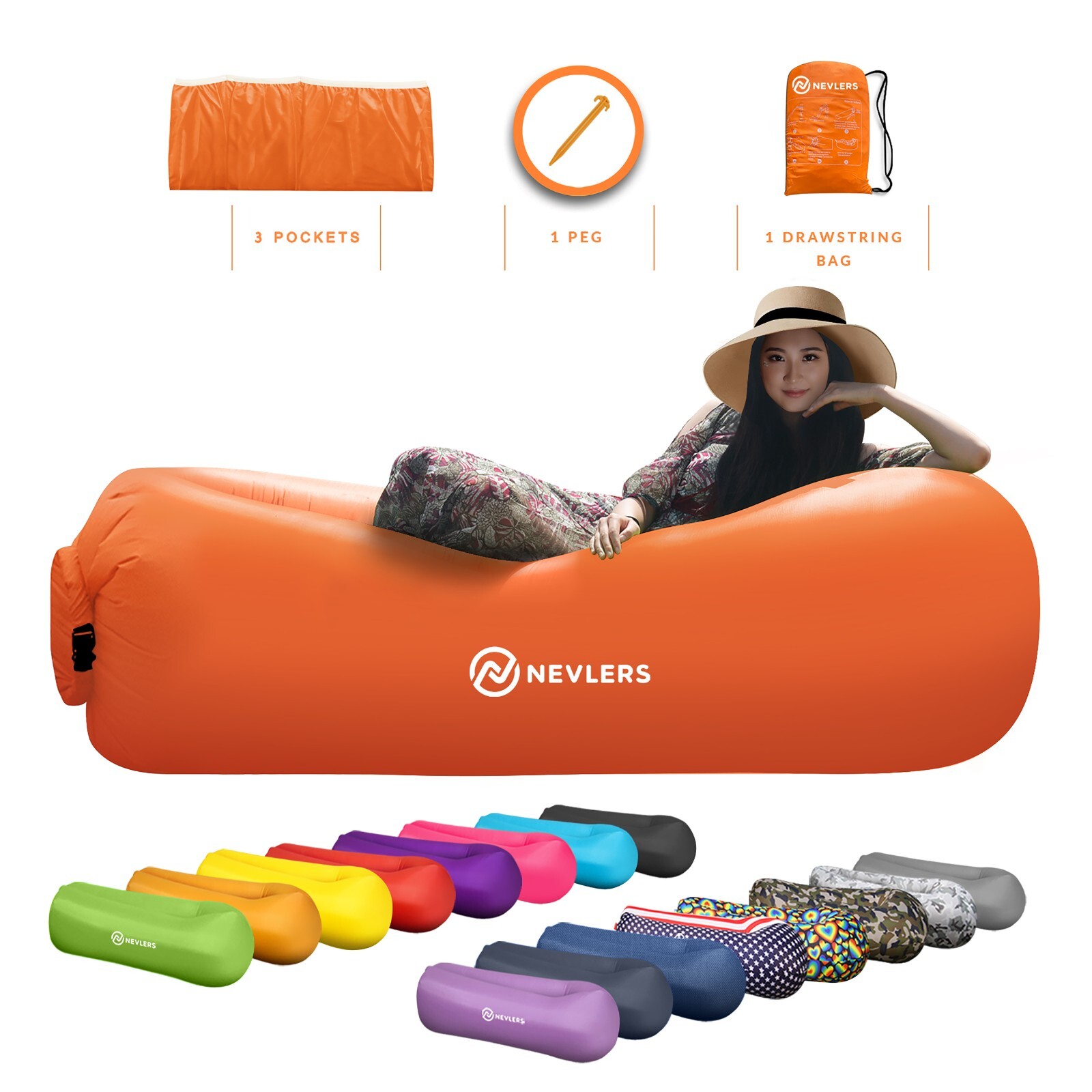Mockins Inflatable Blow Up Lounger Outdoor Chair Bed Travel, With Bag & Pockets