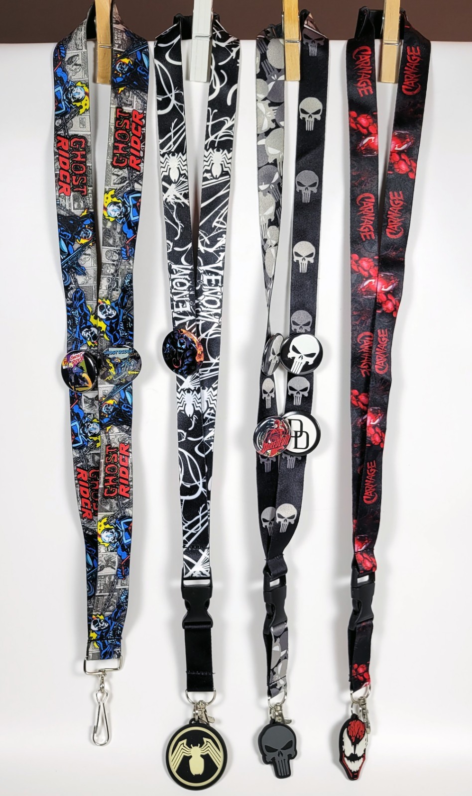 Lot of 4 Marvel Lanyard ~ Venom, Punisher, Ghost Rider, Daredevil with Pins