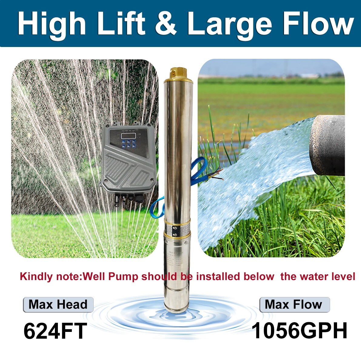 2HP 4" Solar Pump Submersible Pump Bore Deep Well Pump+MPPT Controller DC 110V