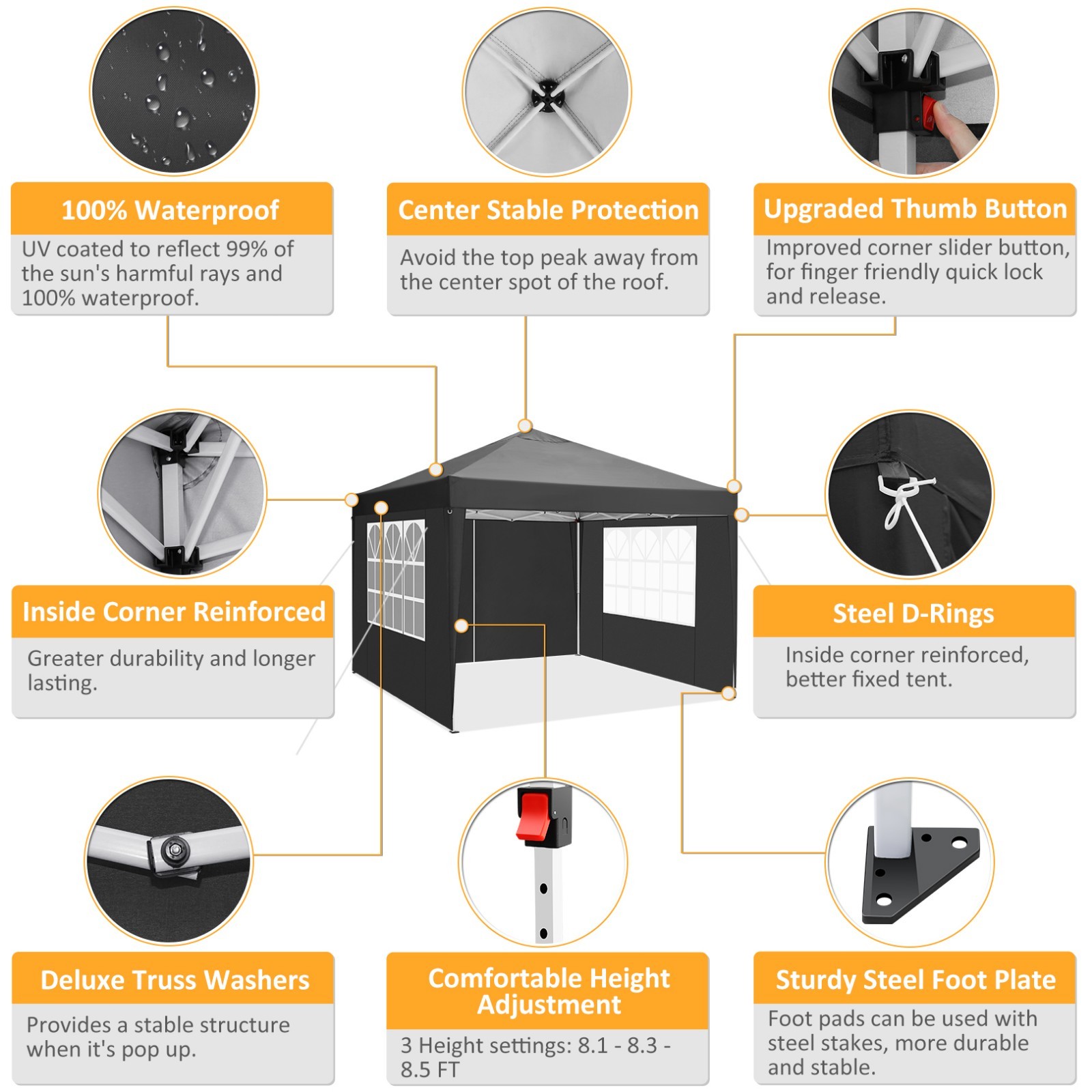 10x10FT Pop Up Canopy Tent with 4 Removable Sidewalls Waterproof Commercial NEW