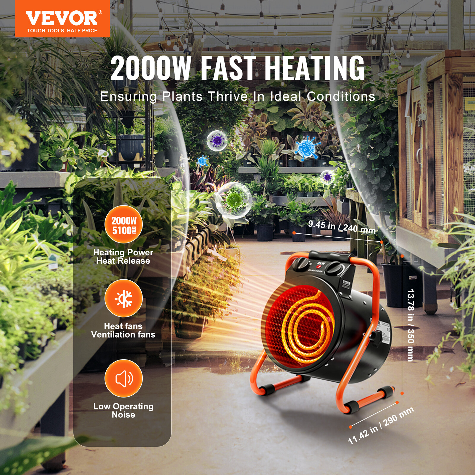 VEVOR Greenhouse Heater 1500W Fast Heating with Overheat Protection Waterproof