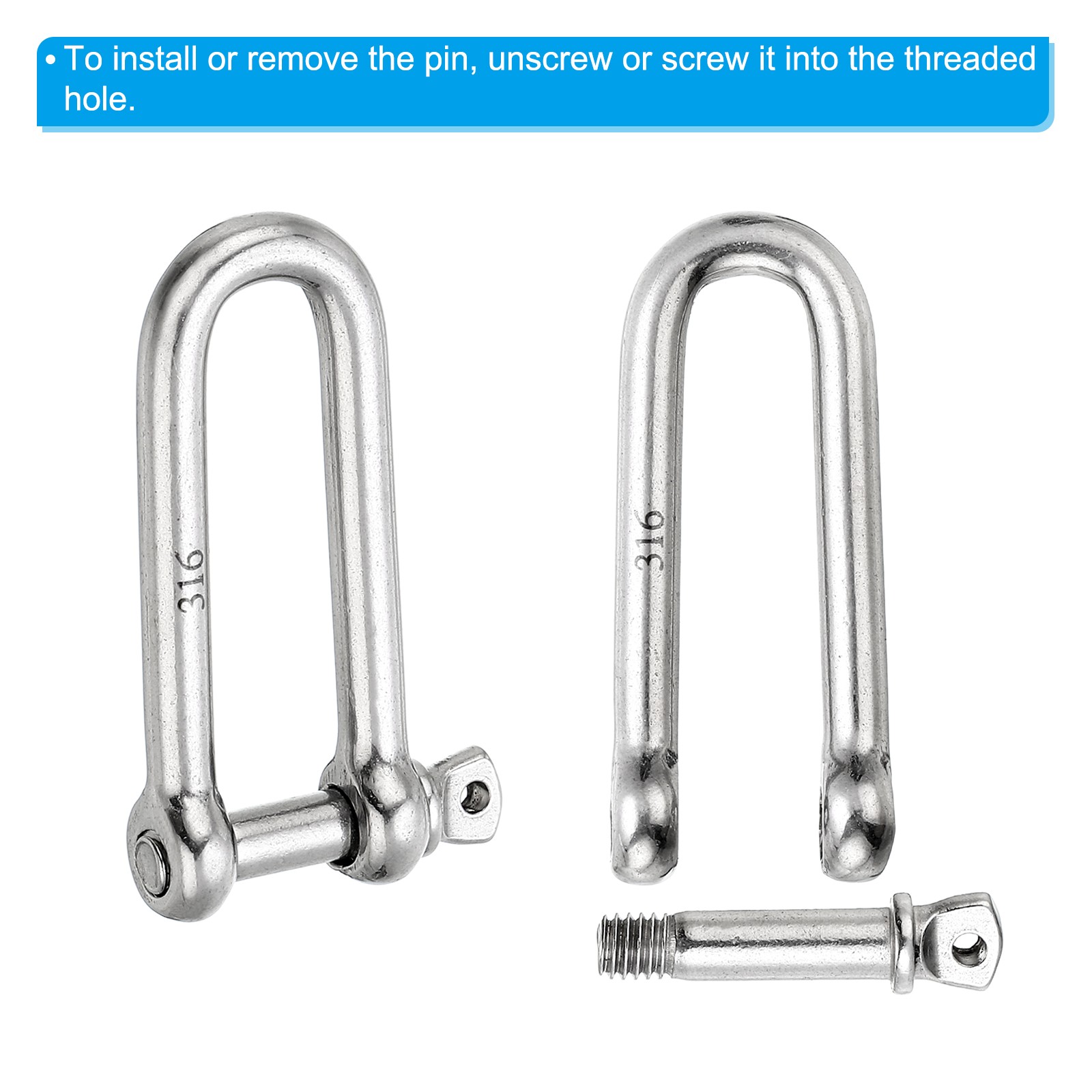 Screw Pin Shackle 8mm 5/16" 1102lb 316 Stainless Steel Long D Shackle Silver