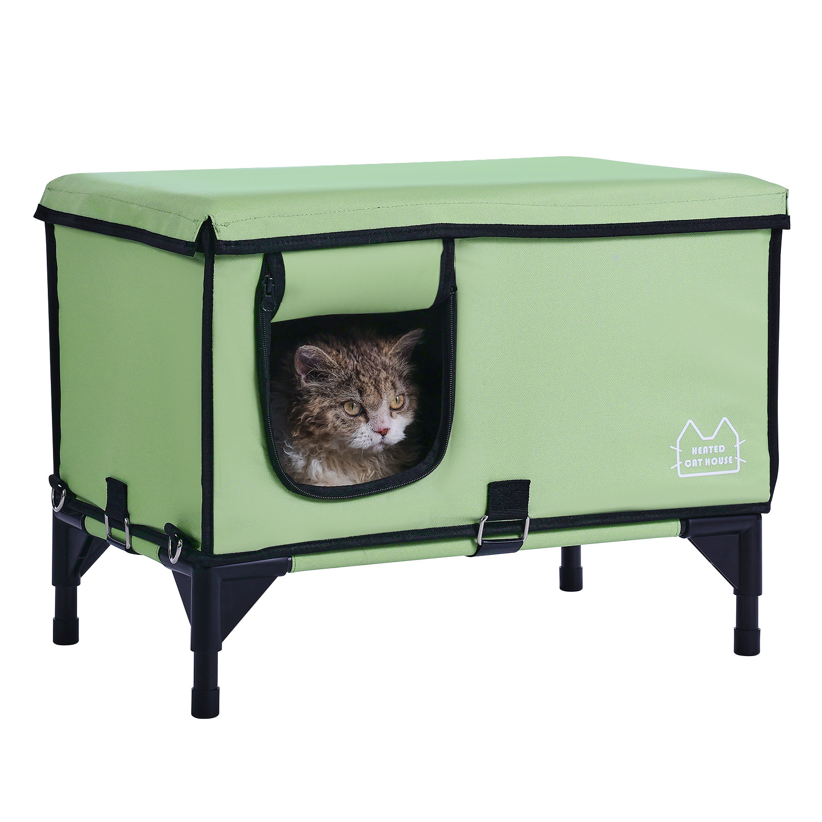 Elevated Heated Cat House Cuboid Kitty Shelter with Heated Pad Green (L)