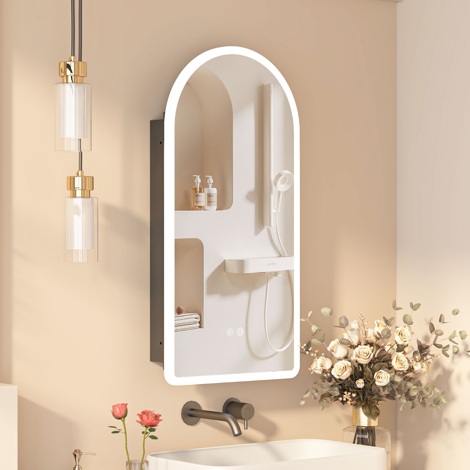 Arched LED Lighted Bathroom Medicine Mirror Cabinet with Anti-Fog Dimmable Light