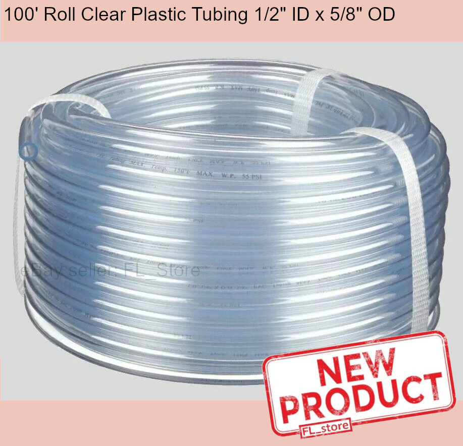 1/2 Inch  ID x 5/8 In OD Clear Plastic Tubing Flexible 100 Feet Roll Tube NEW