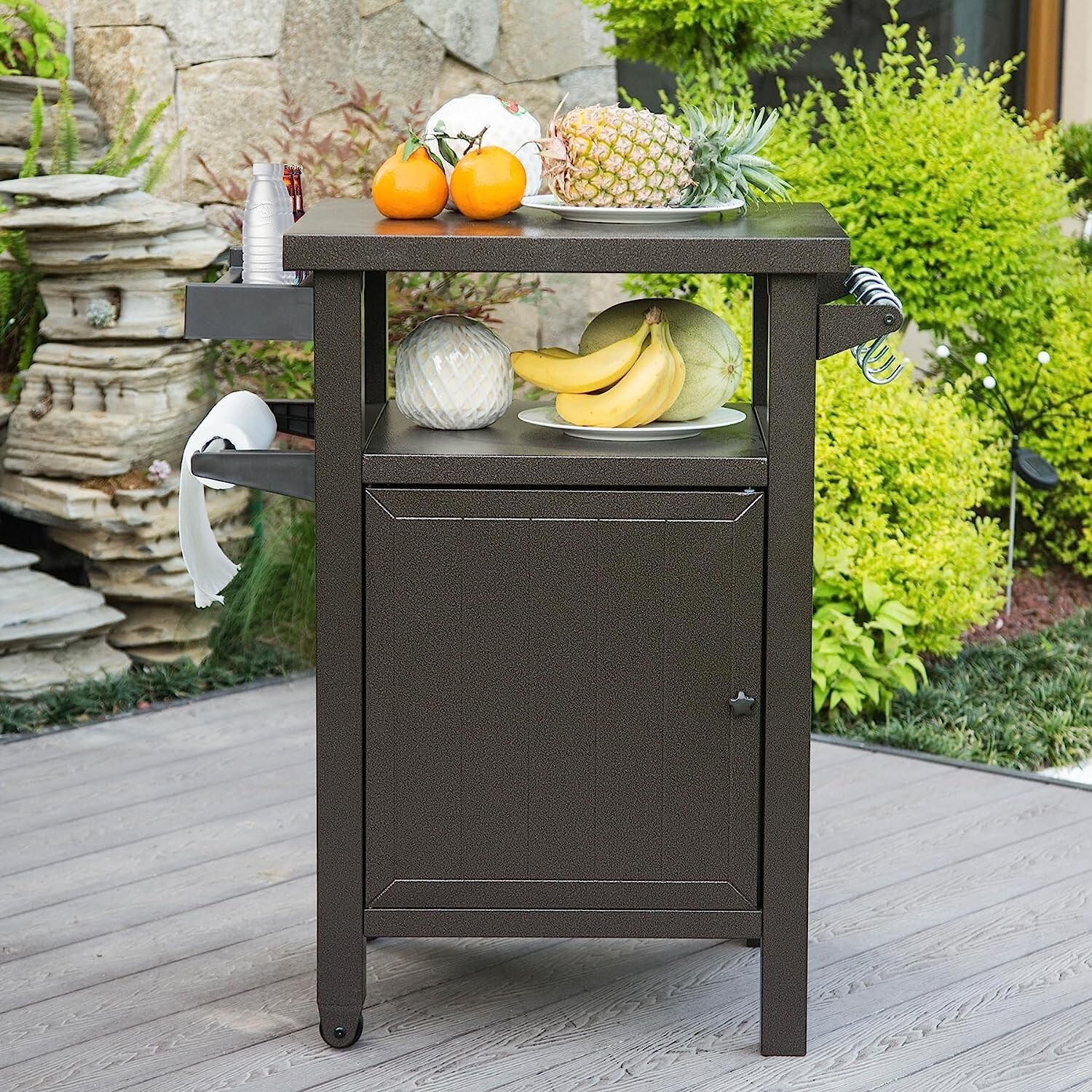 Domi Outdoor Grill Carts w/Wheels,Metal Table and Storage Cabinet for BBQ(Brown)