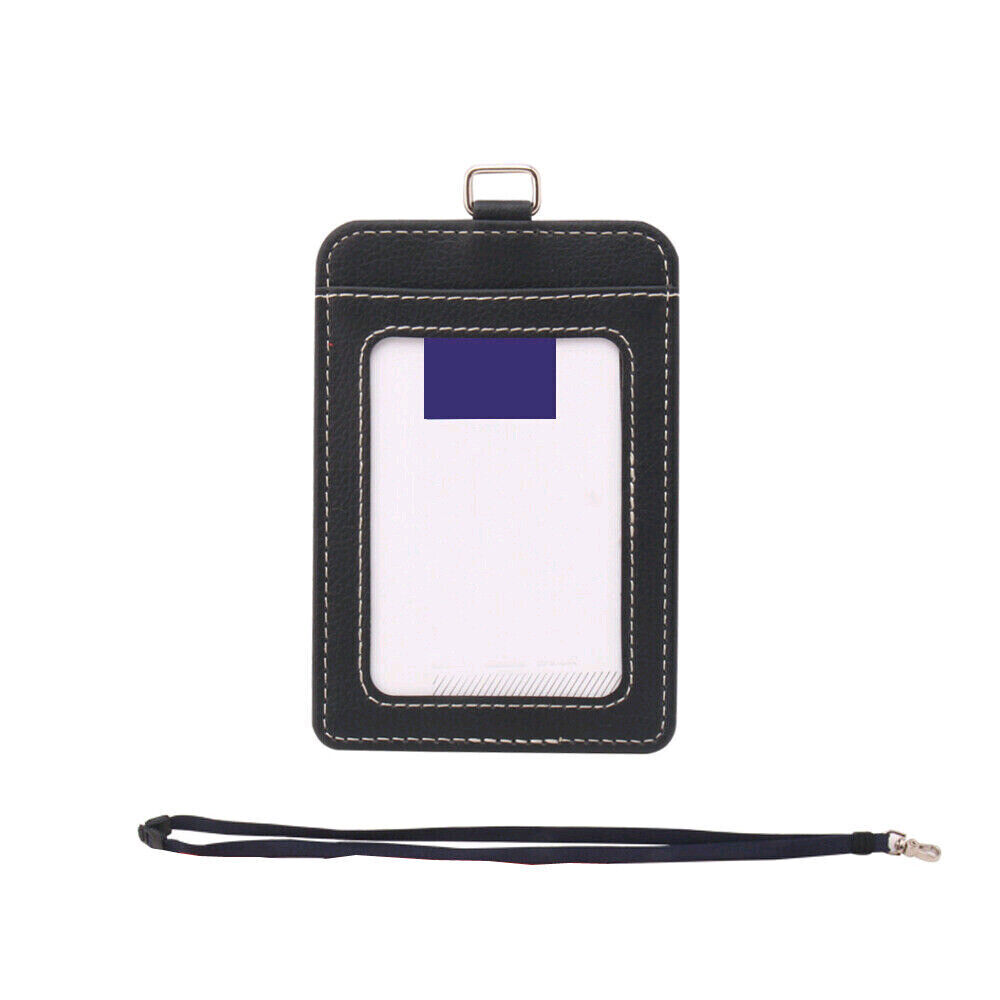 ID Badge Card Holder Pu Leather Vertical Clip Neck Strap Lanyard Necklace Case