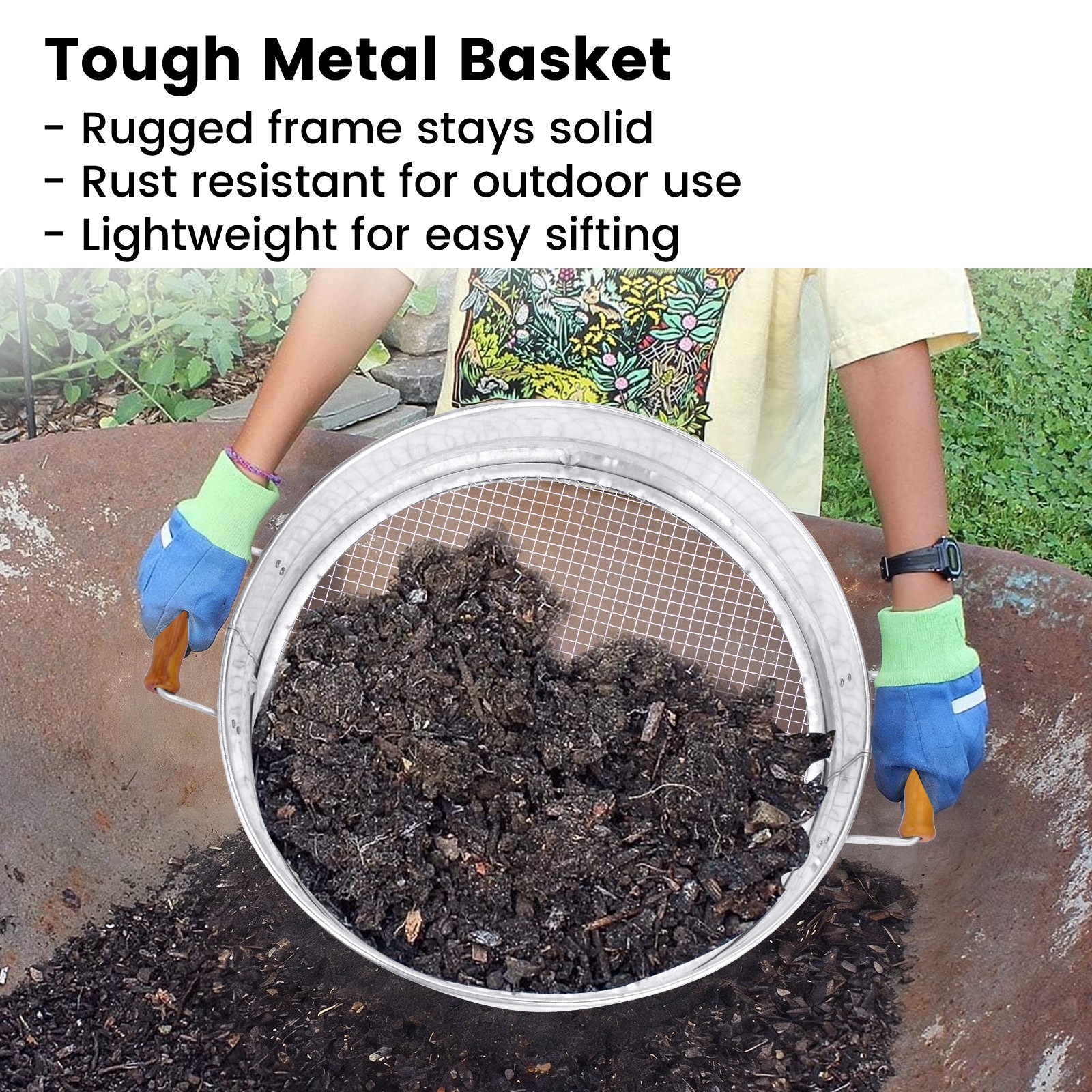 14" Stainless Steel Soil Sifter Soil Sieve with 6mm Mesh Screen For Gardening