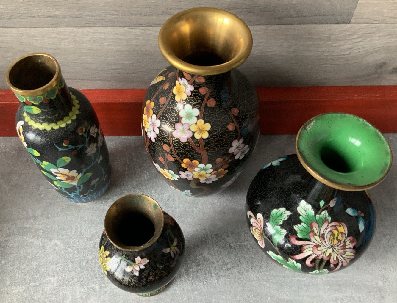 Lot Of 4 CLOISONNE Noir Enamel On Brass Variety Shapes Vases Vintage & Antique